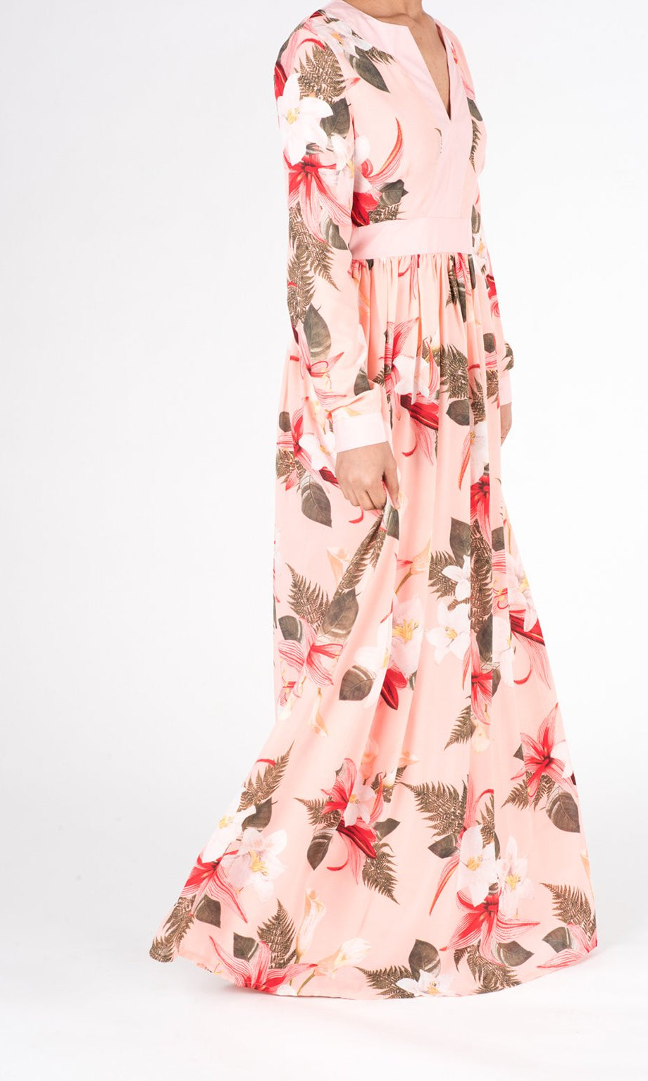Coral Mixed Media Floral Maxi Dress Kabayare