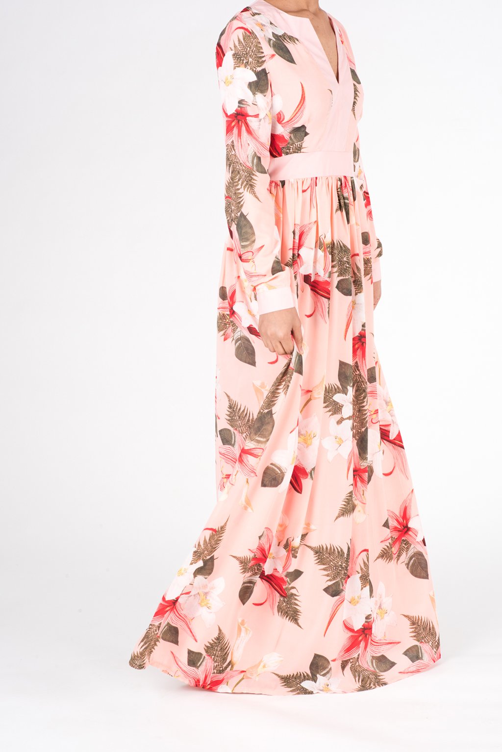 Coral Mixed Media Floral Maxi Dress Kabayare