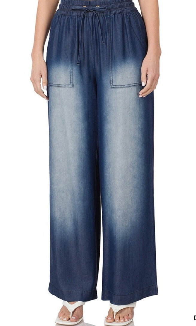 Dark Blue CHAMBRAY DRAWSTRING WIDE LEG PANTS KF