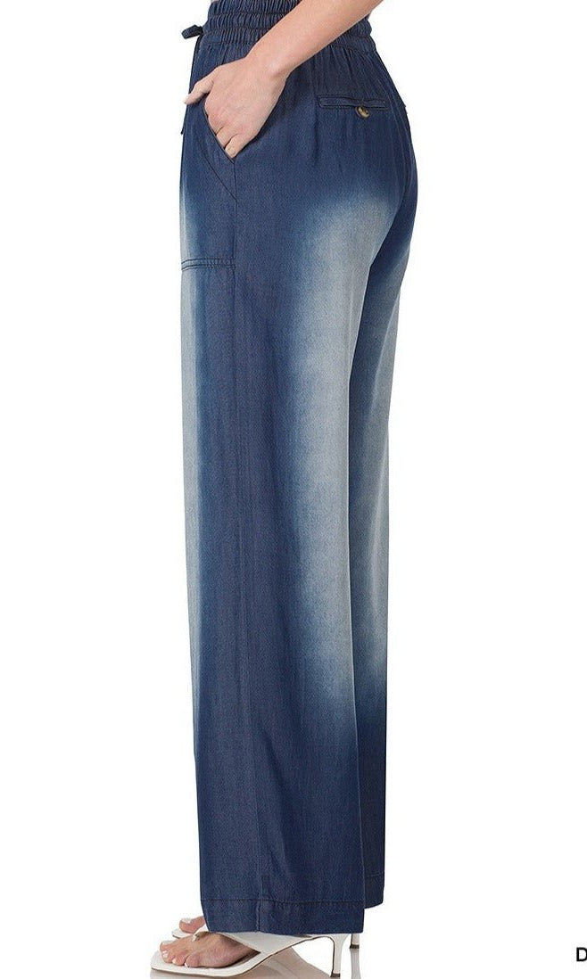 Dark Blue CHAMBRAY DRAWSTRING WIDE LEG PANTS KF