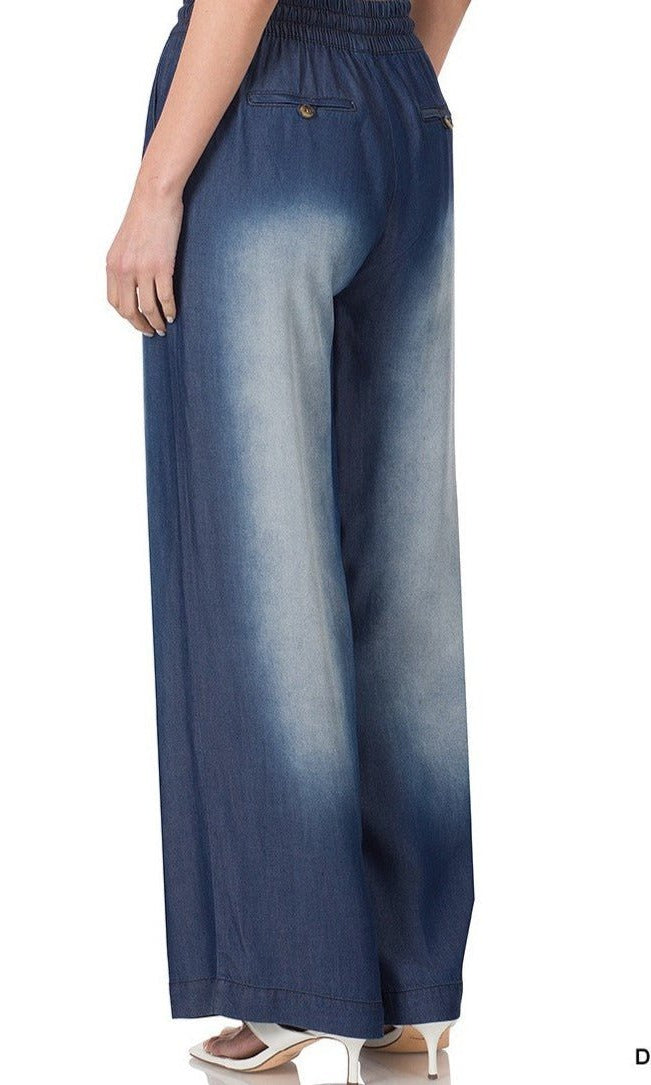 Dark Blue CHAMBRAY DRAWSTRING WIDE LEG PANTS KF