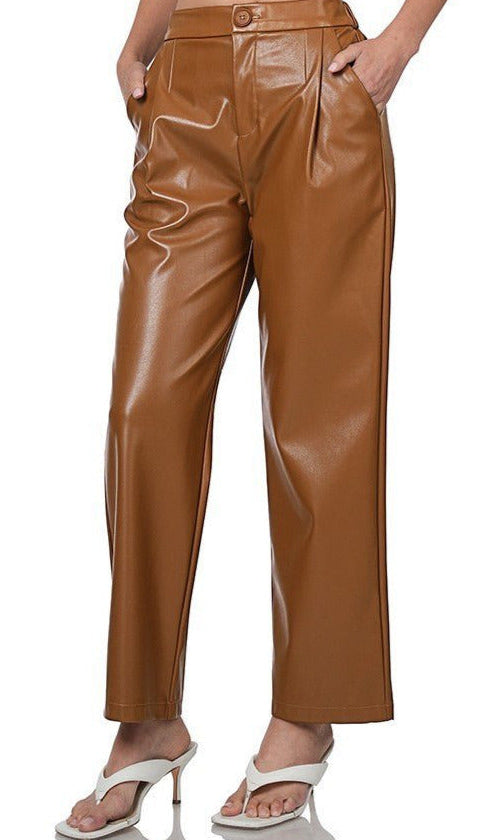 Dark Caramel FAUX LEATHER HIGH WAIST PANTS Kabayare
