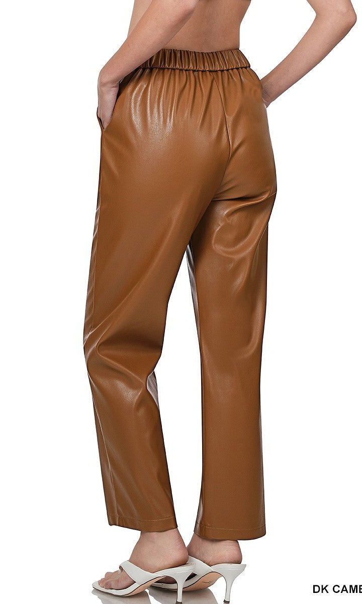 Dark Caramel FAUX LEATHER HIGH WAIST PANTS Kabayare