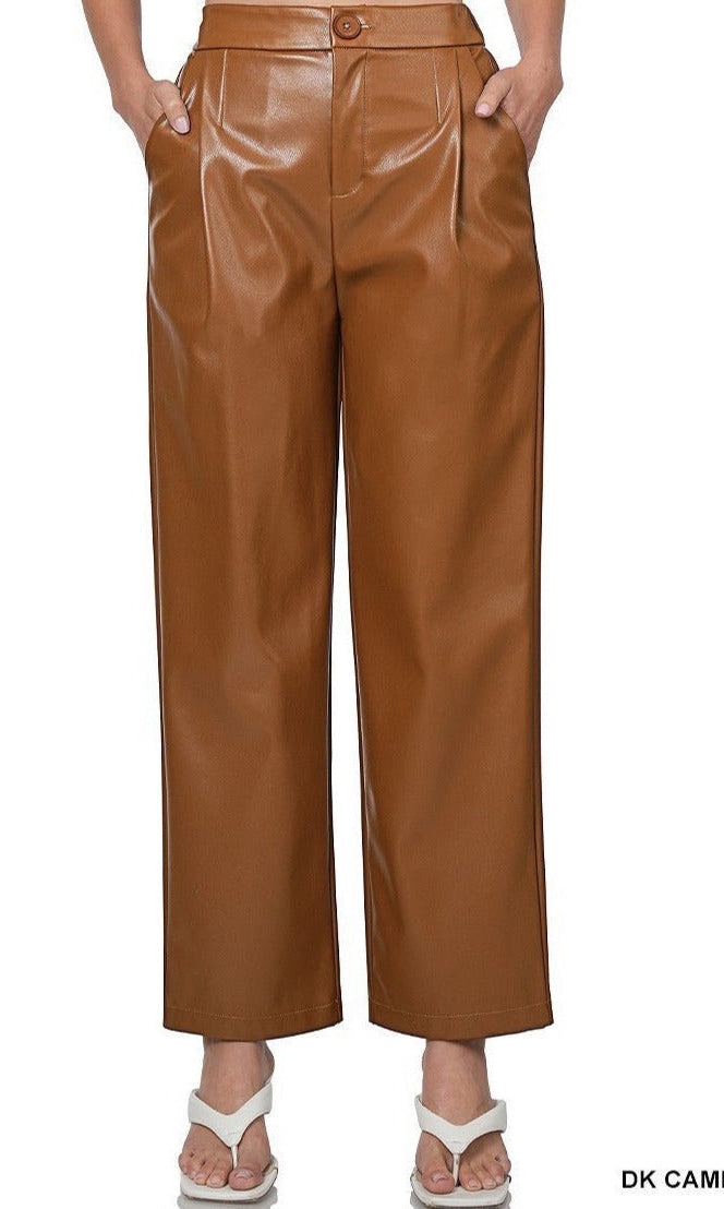 Dark Caramel FAUX LEATHER HIGH WAIST PANTS Kabayare