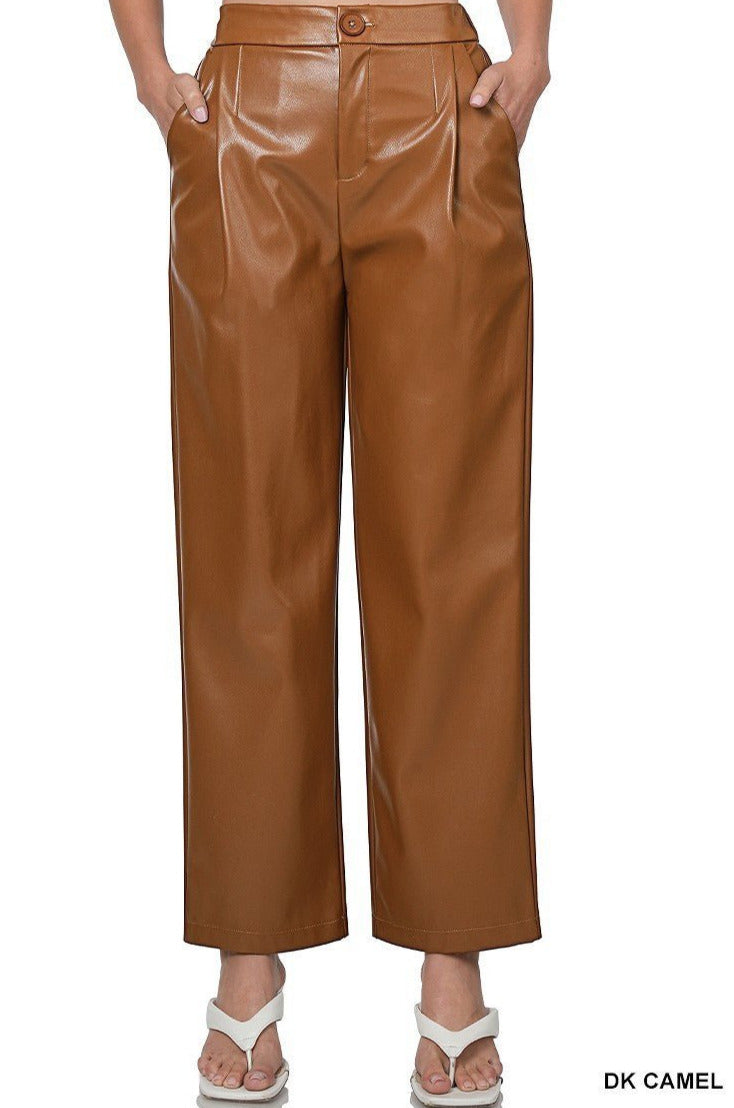 Dark Caramel FAUX LEATHER HIGH WAIST PANTS Kabayare