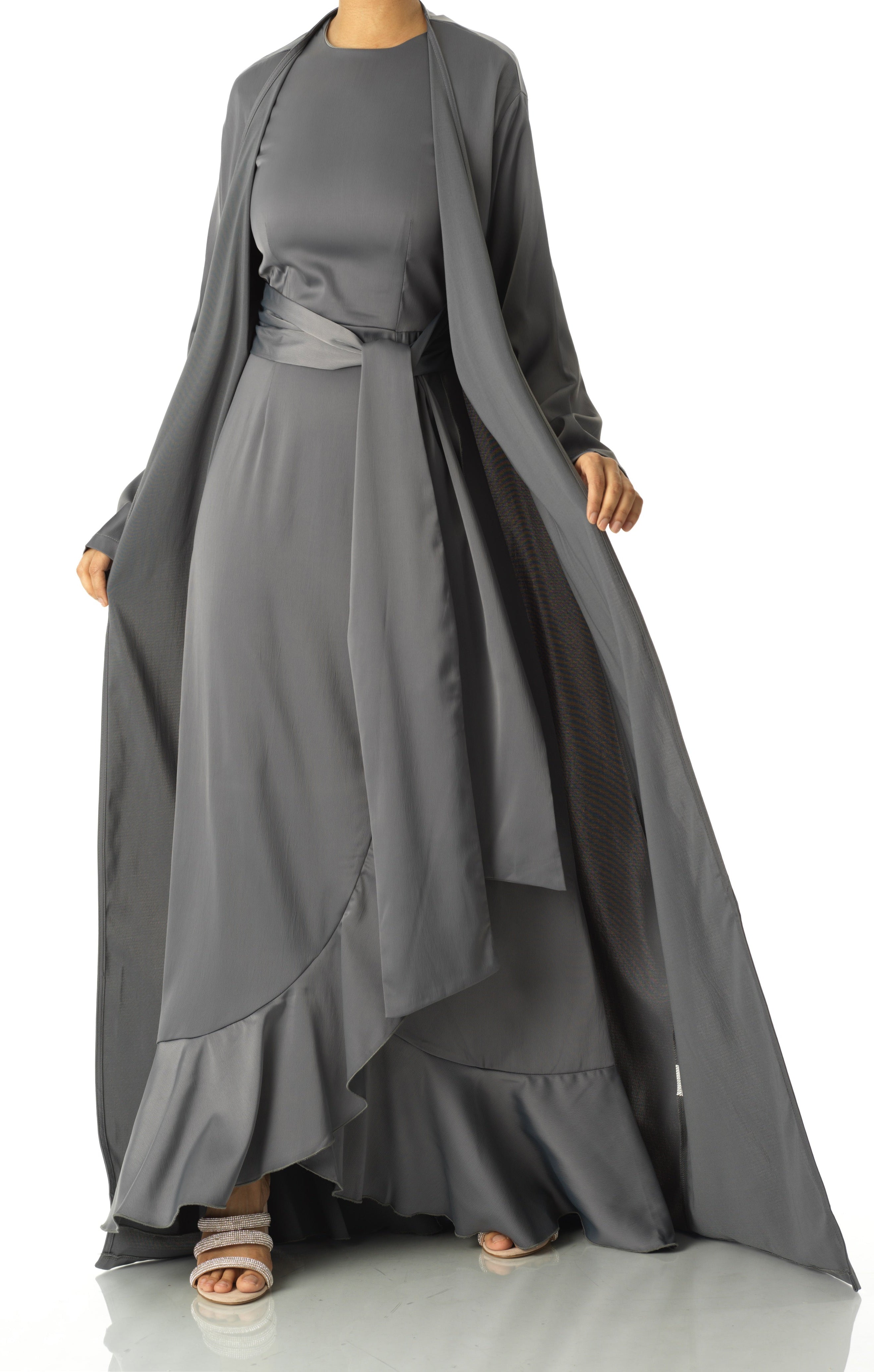 Dark Gray Princess Jasmine satin kimono two-piece set Kabayare