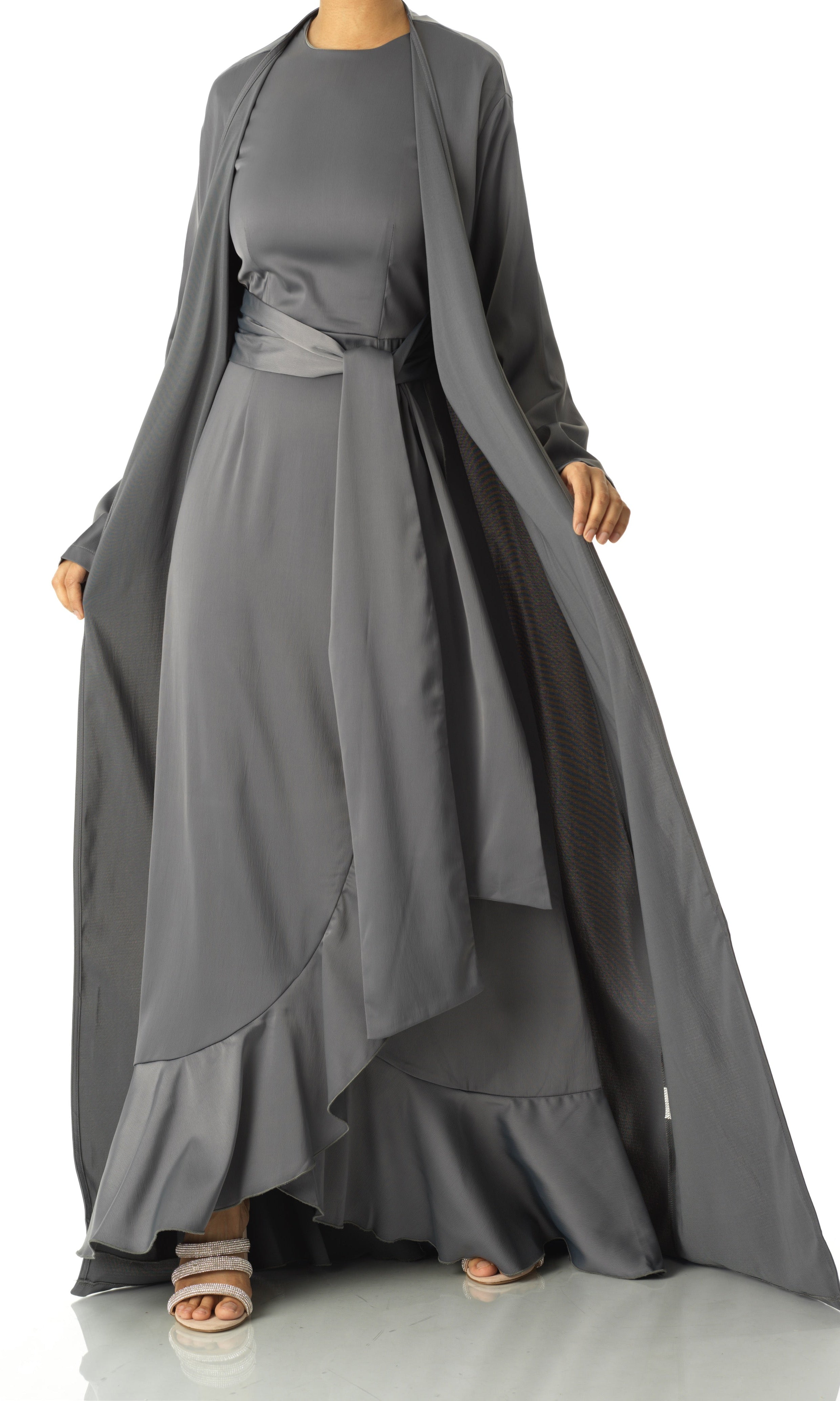 Dark Gray Princess Jasmine satin kimono two-piece set Kabayare