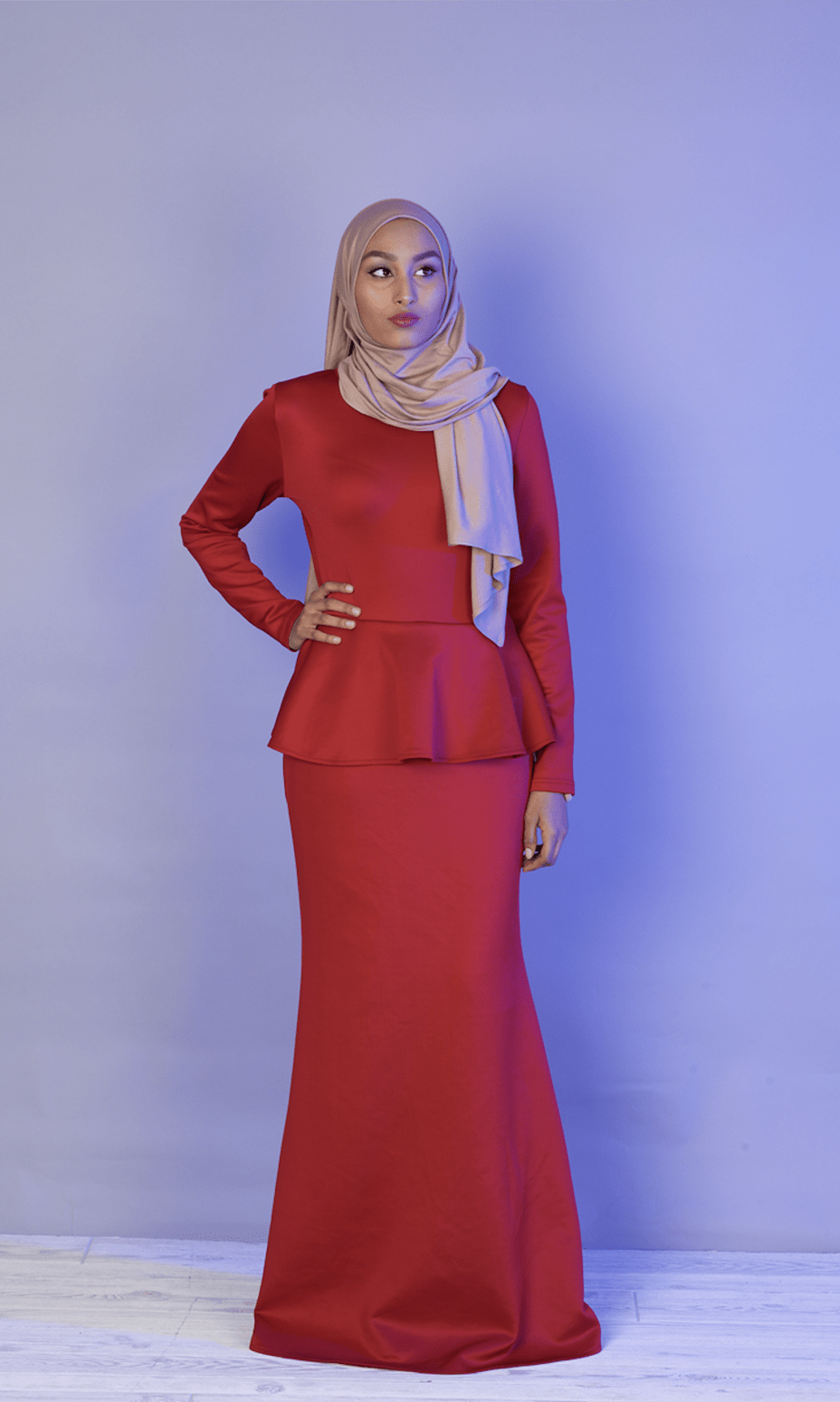 Dark Red Long Sleeve Peplum Maxi Dress Kabayare