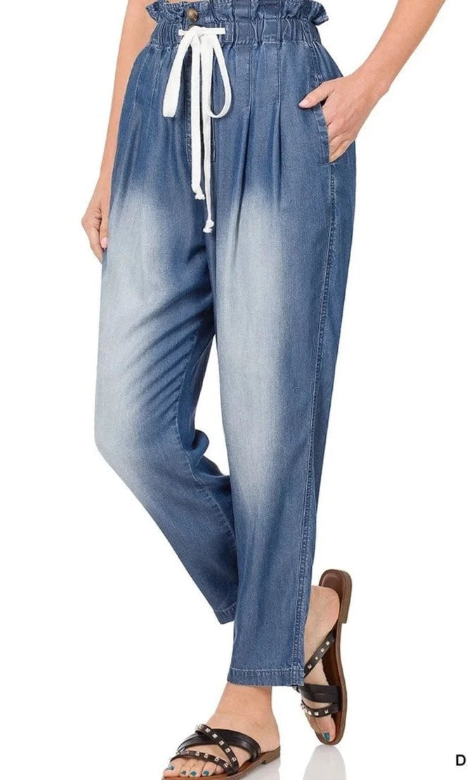 Denim Blue CHAMBRAY DRAWSTRING PAPERBAG WAIST PANTS WITH POCKETS KF