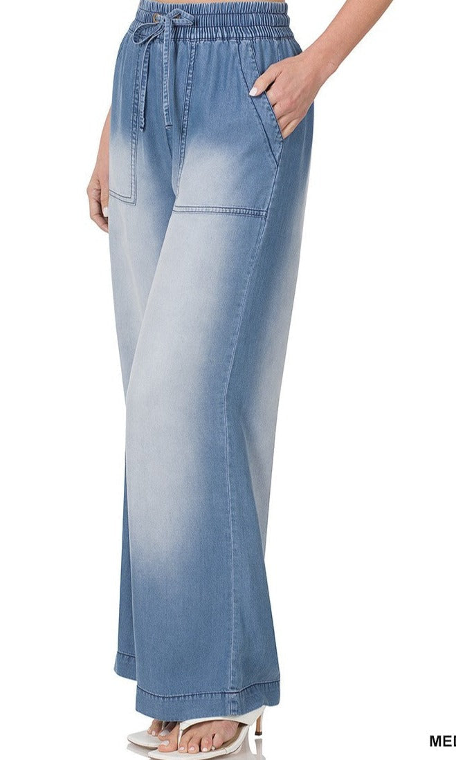 Denim Blue CHAMBRAY DRAWSTRING WIDE LEG PANTS KF