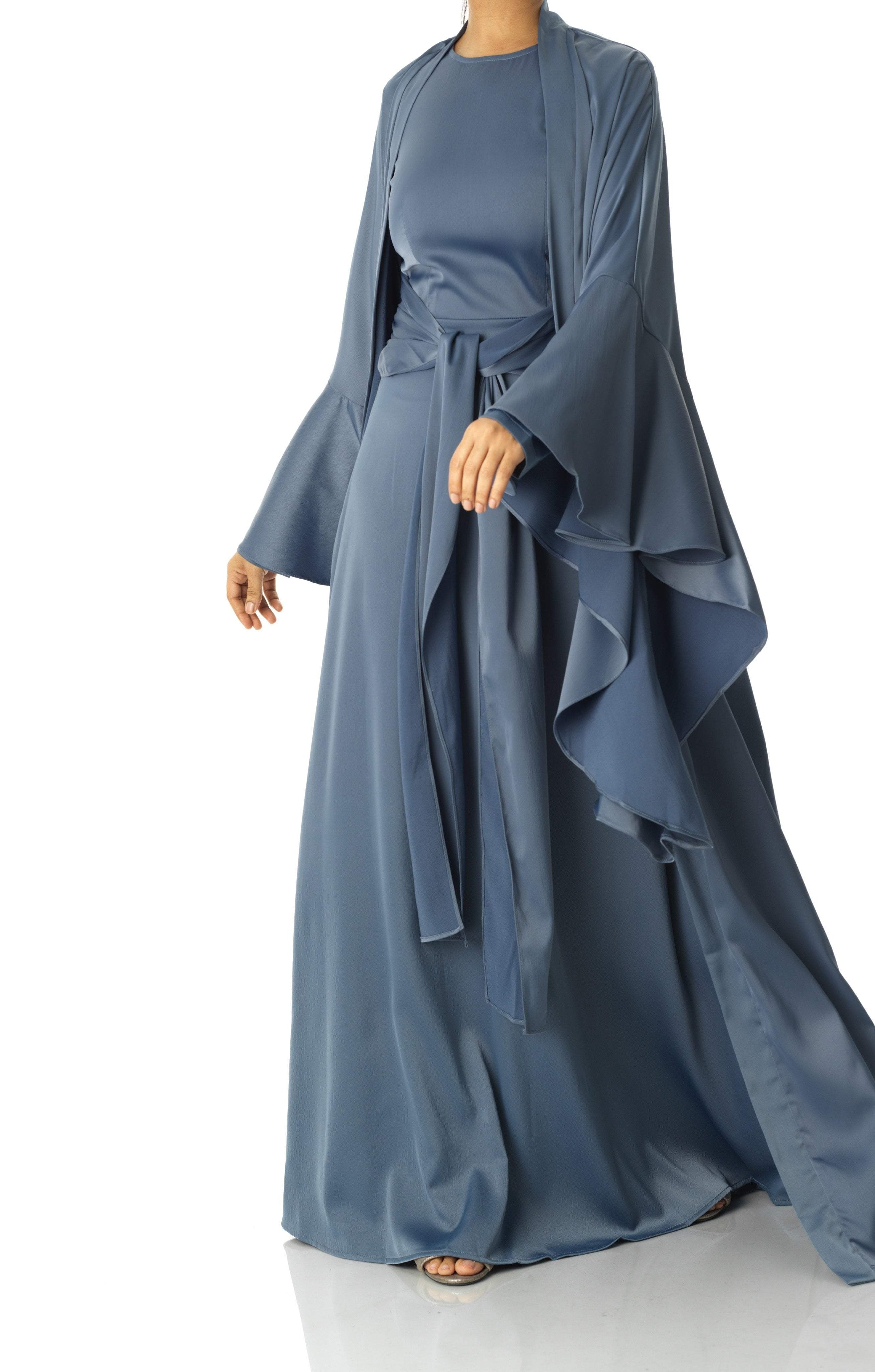 Dusty Blue Abaya queen satin kimono two-piece set Kabayare