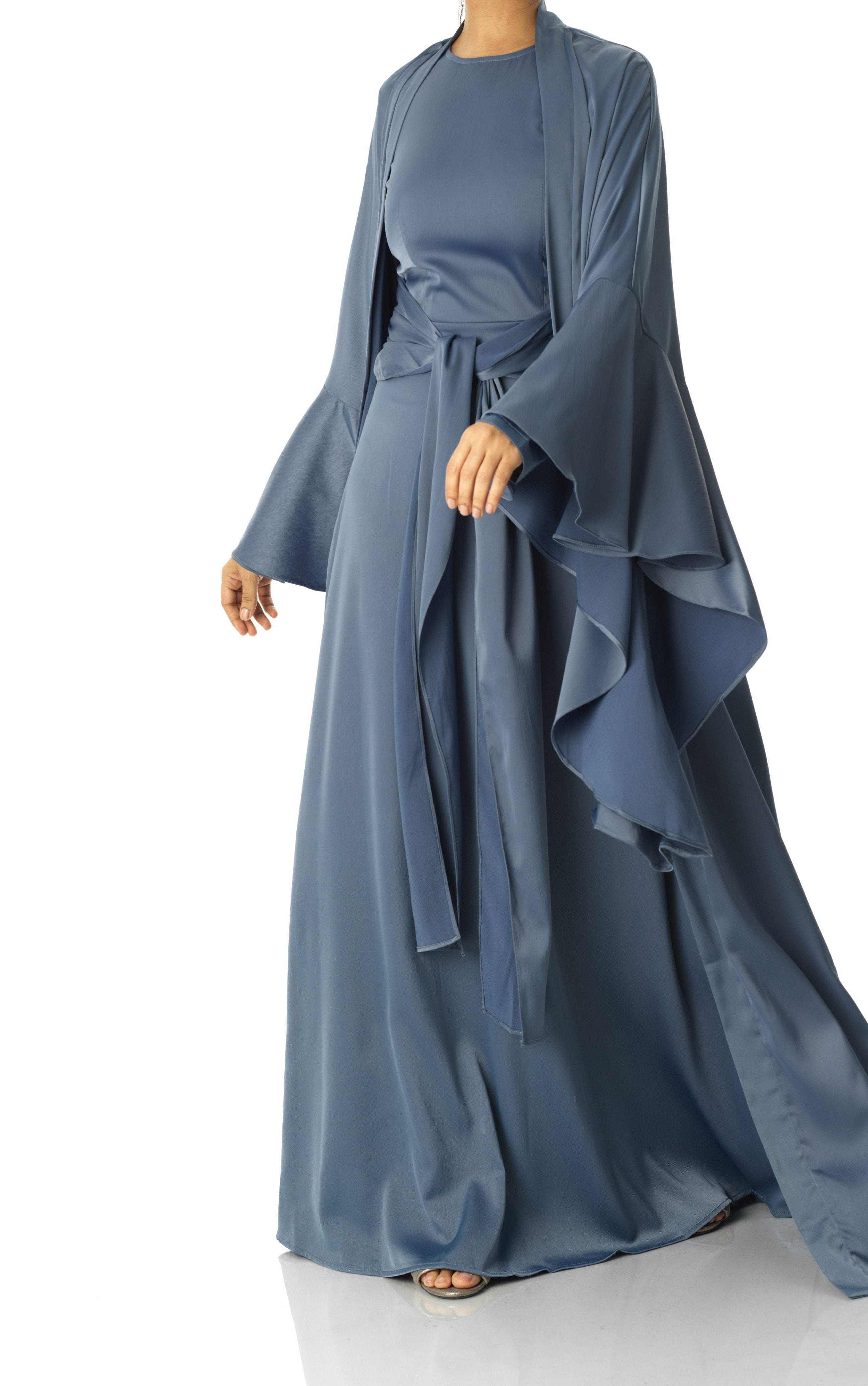 Dusty Blue Abaya queen satin kimono two-piece set Kabayare
