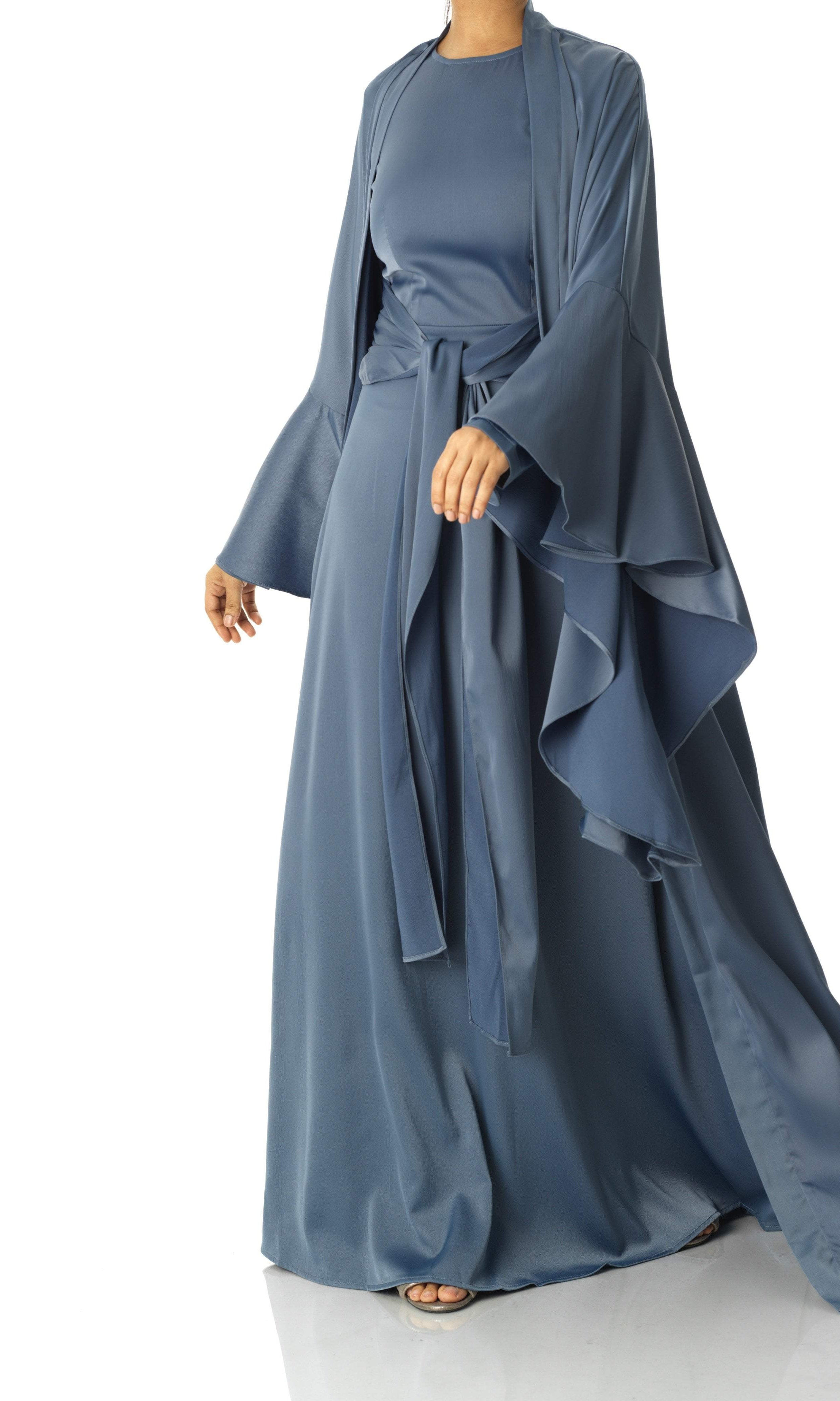 Dusty Blue Abaya queen satin kimono two-piece set Kabayare