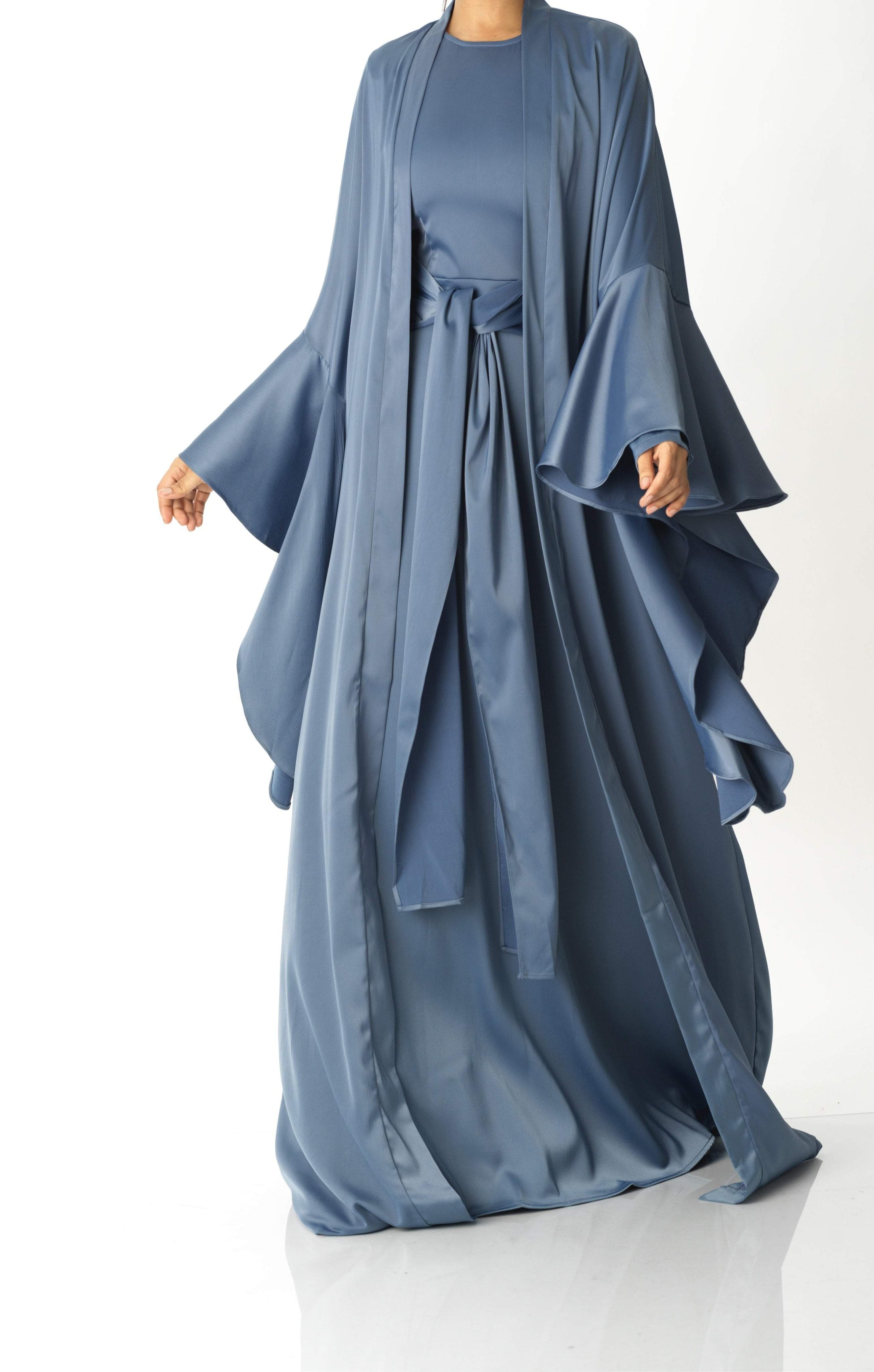 Dusty Blue Abaya queen satin kimono two-piece set Kabayare