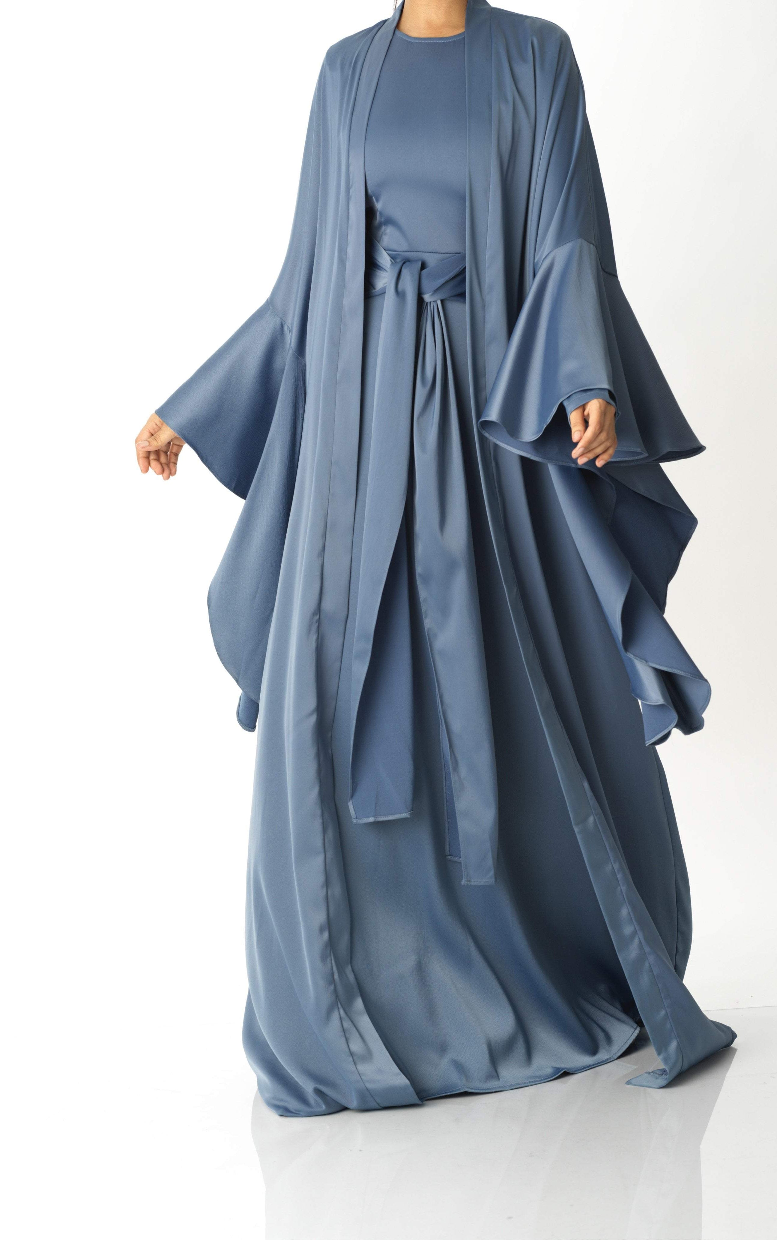 Dusty Blue Abaya queen satin kimono two-piece set Kabayare