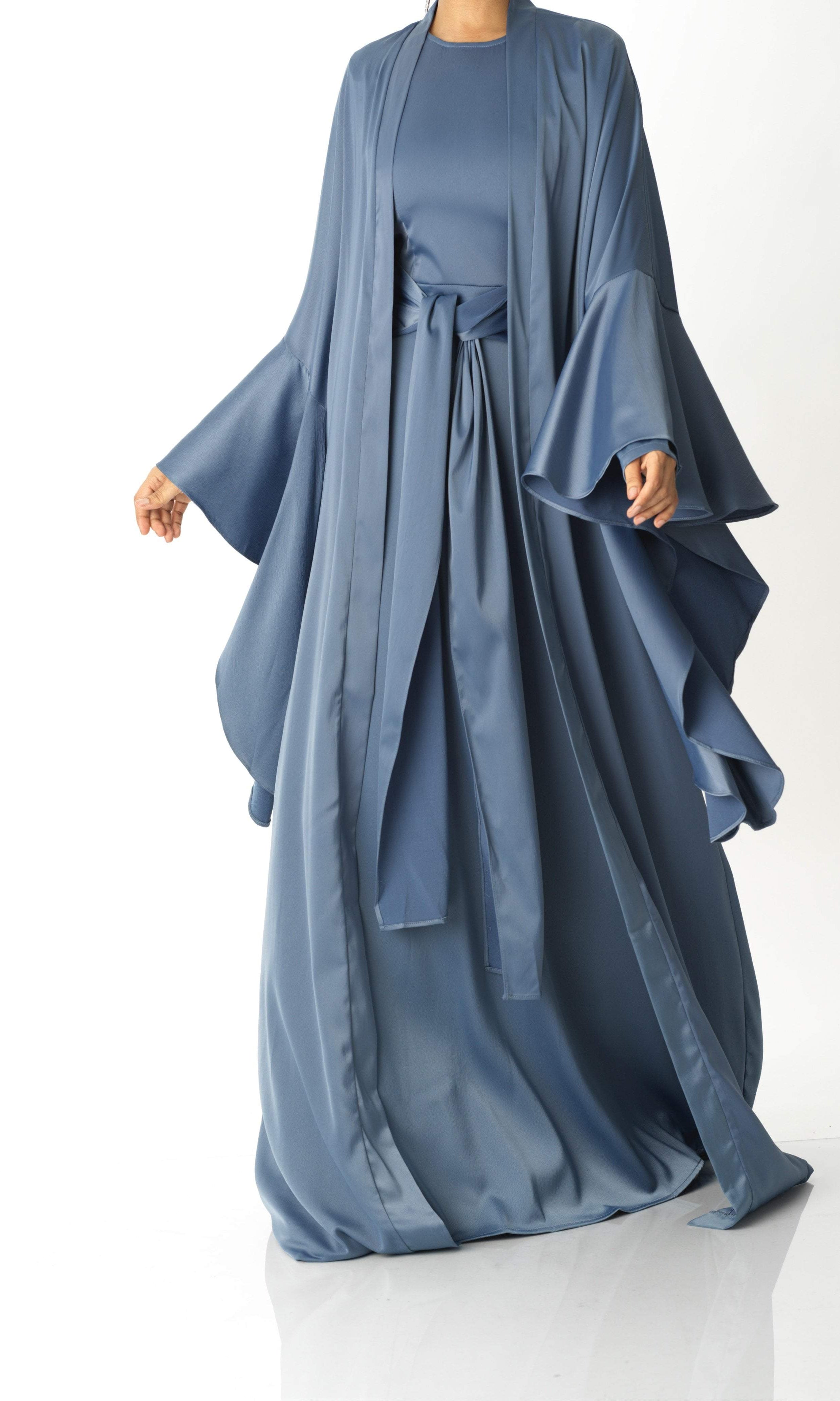 Dusty Blue Abaya queen satin kimono two-piece set Kabayare