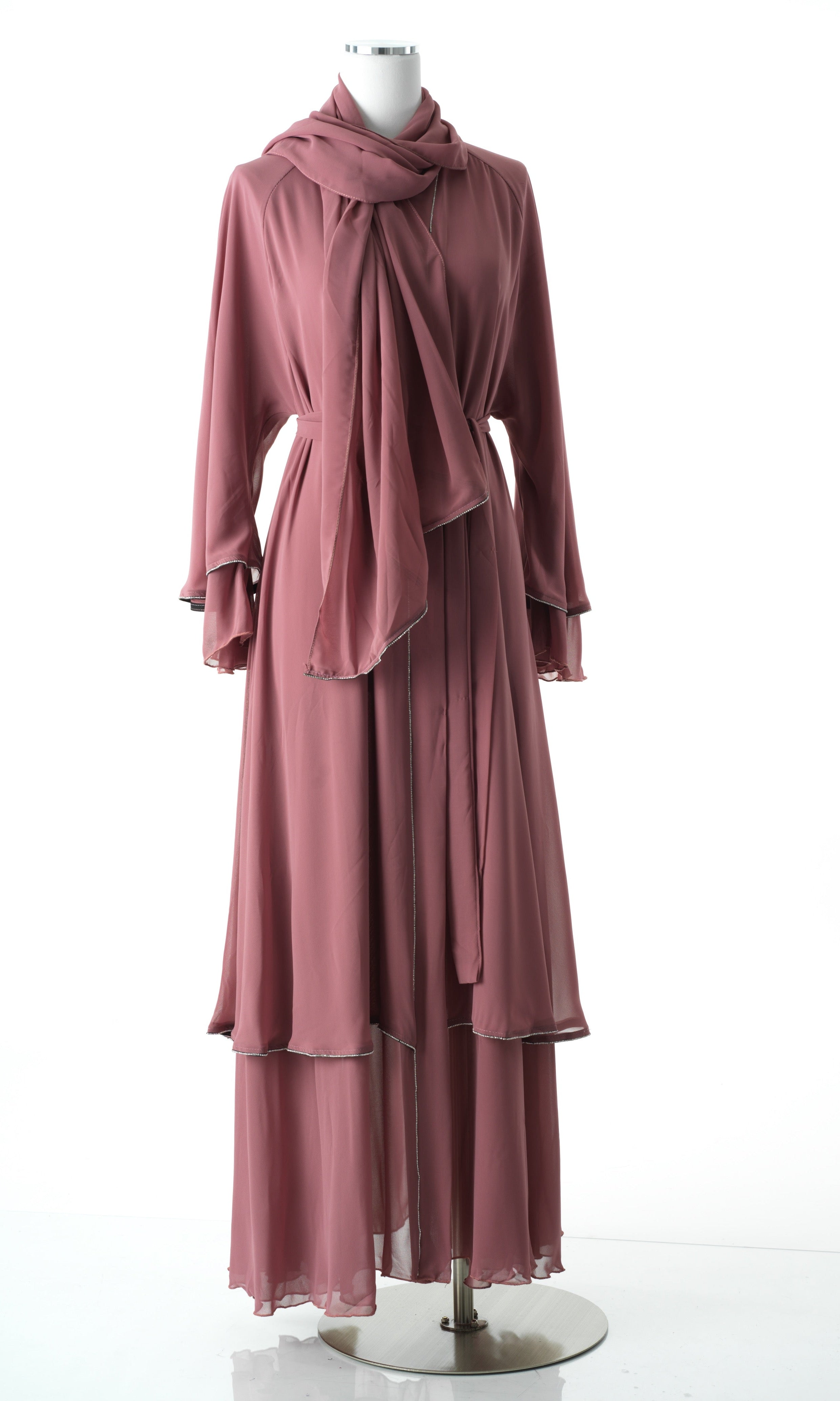 Dusty Rose tiered chiffon abaya Kabayare