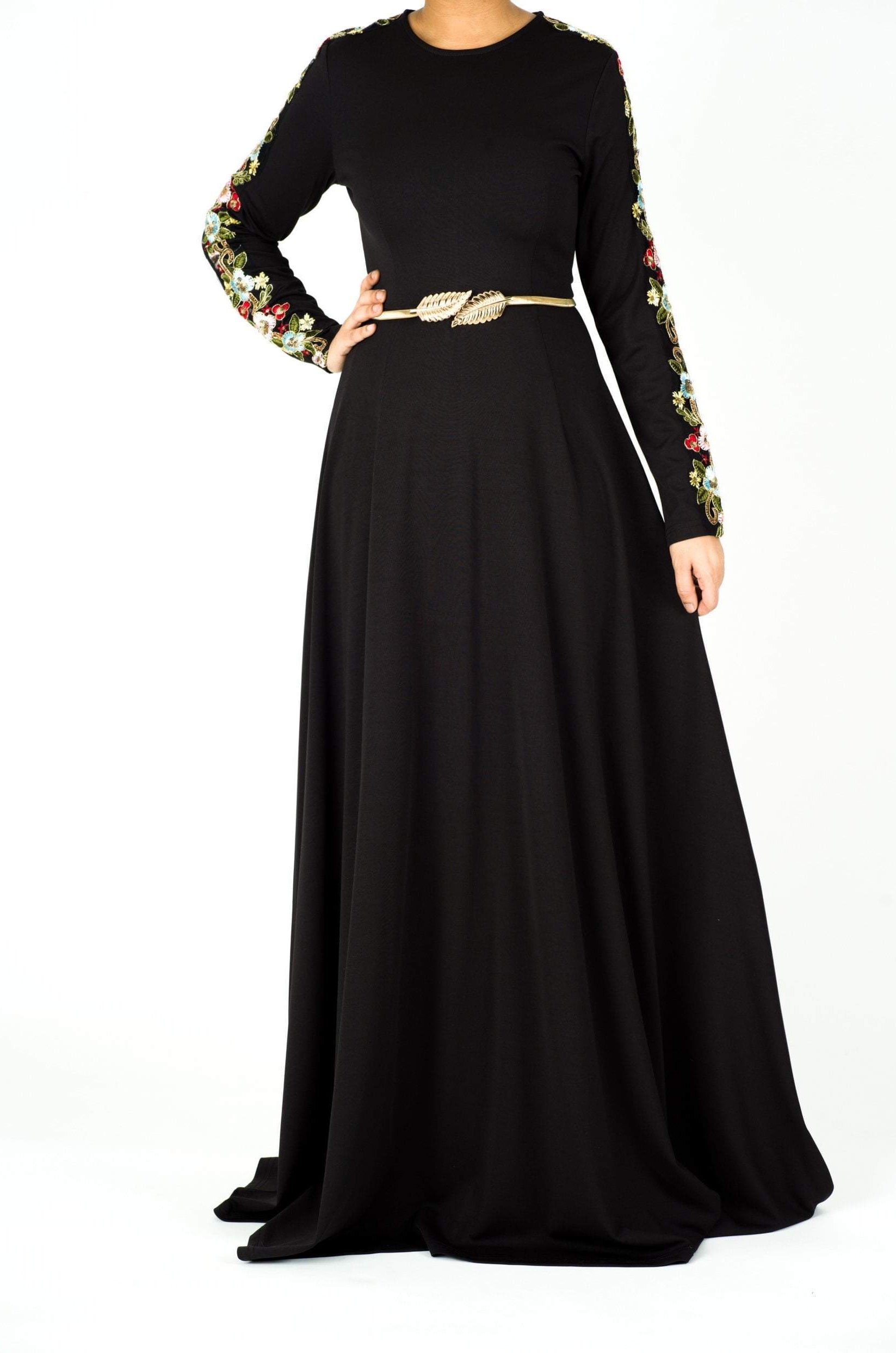 embroidery detail sleeve modest dress Kabayare