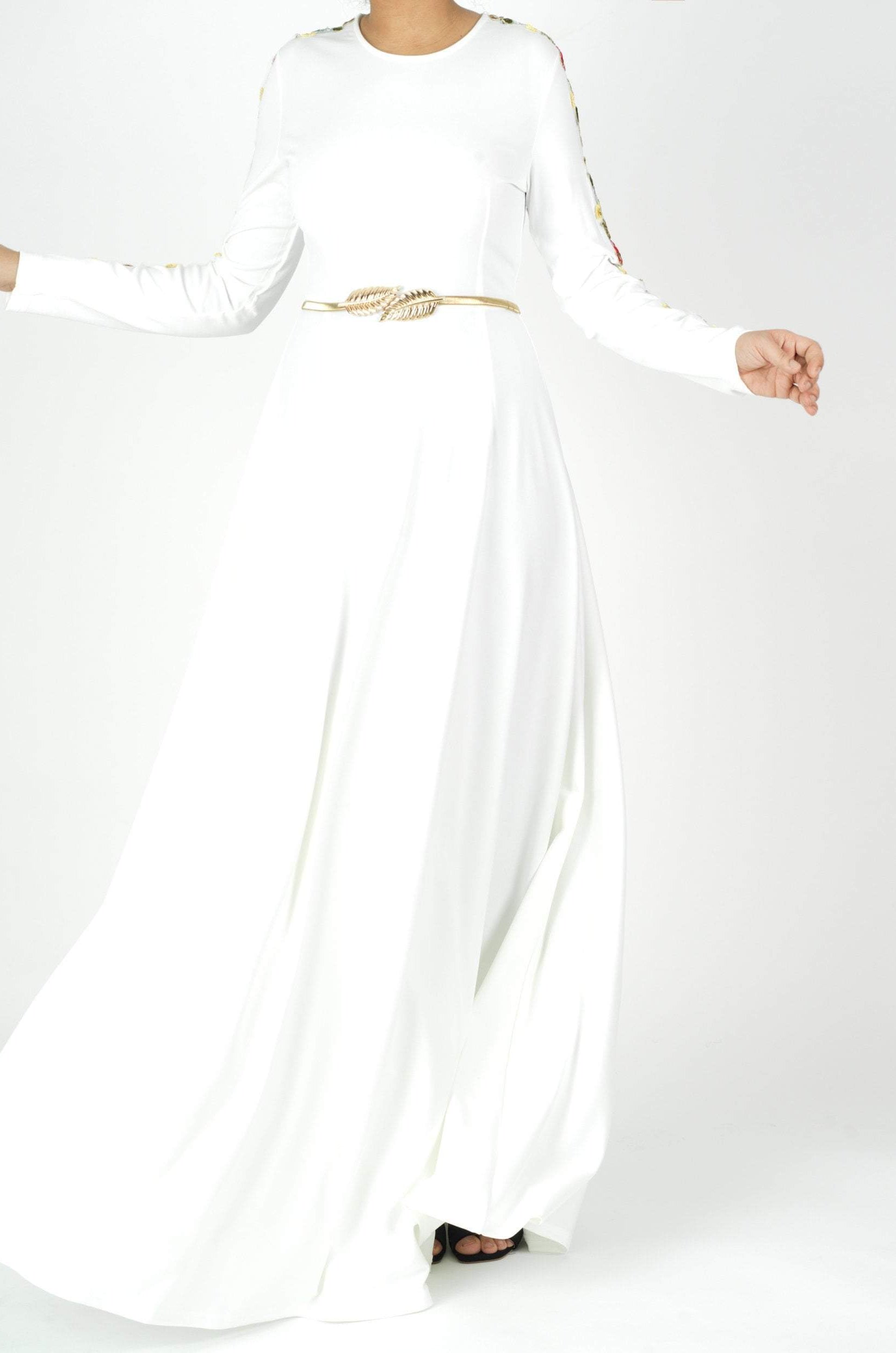 embroidery detail sleeve modest dress Kabayare