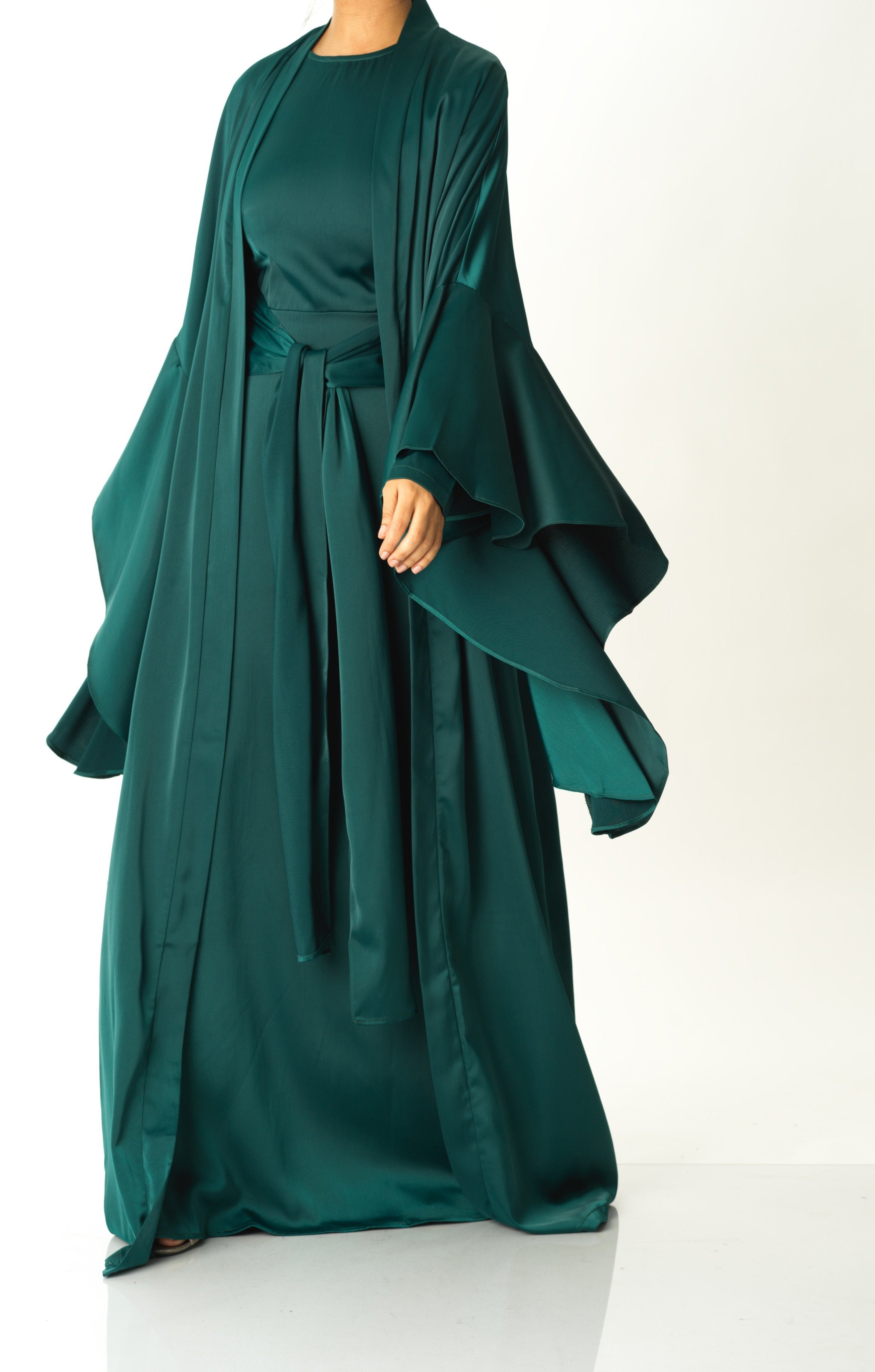Emerald Green Abaya queen satin kimono two-piece set Kabayare