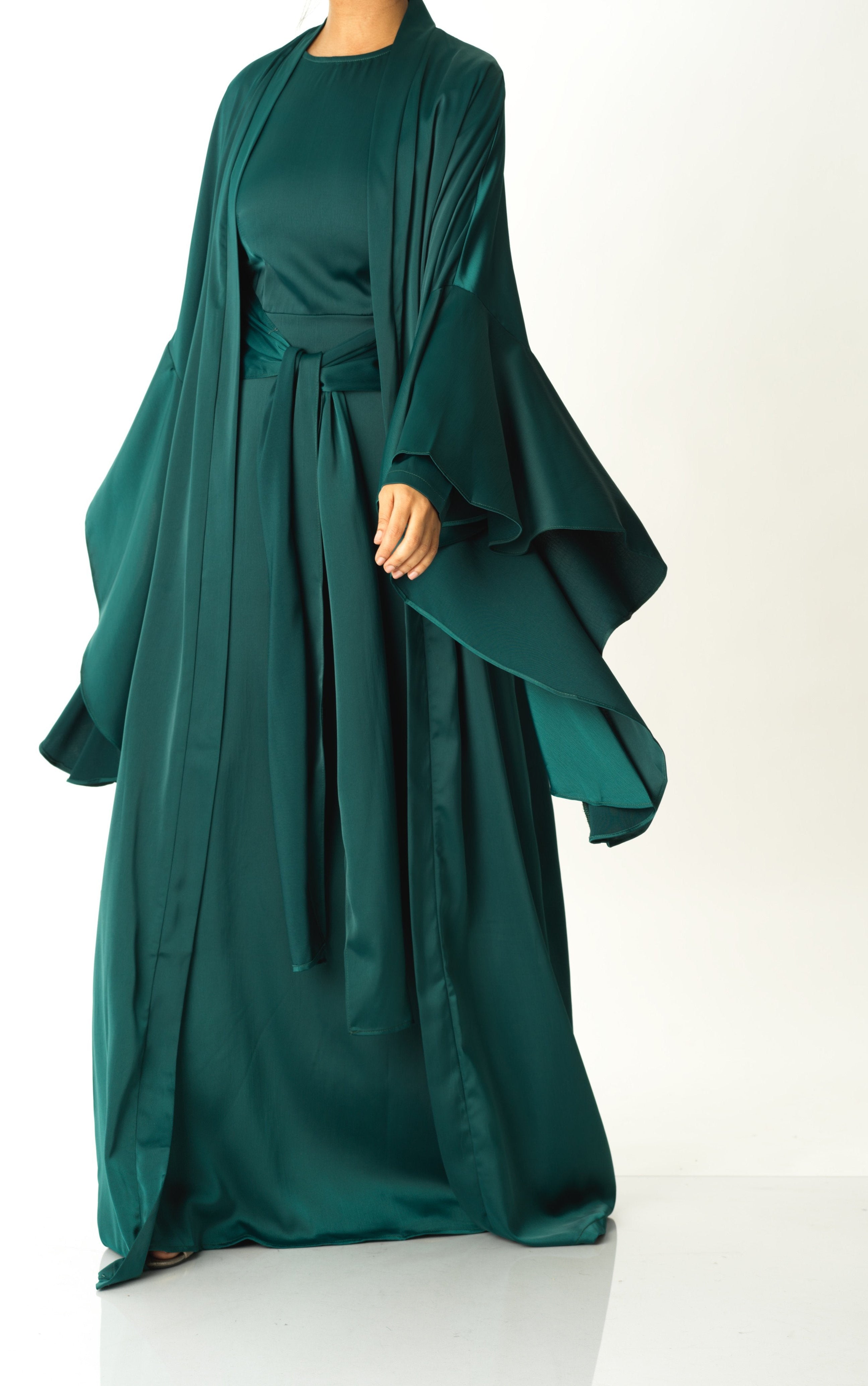 Emerald Green Abaya queen satin kimono two-piece set Kabayare