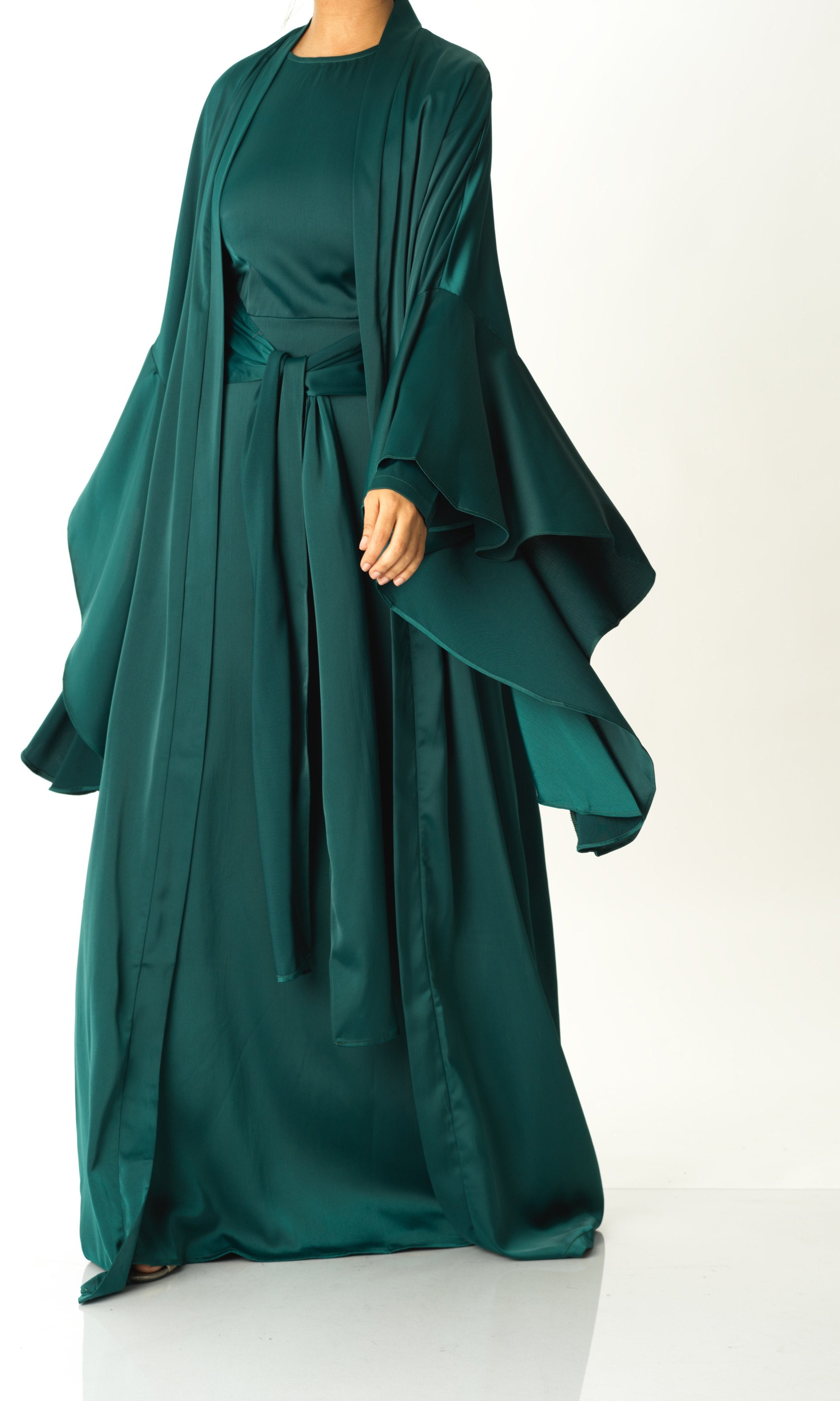 Emerald Green Abaya queen satin kimono two-piece set Kabayare