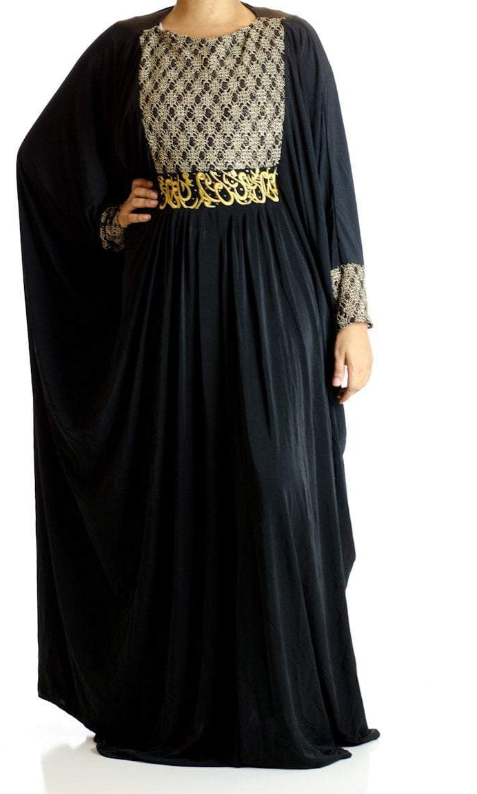 Goden Lace Butterfly Jersey Abaya Kabayare