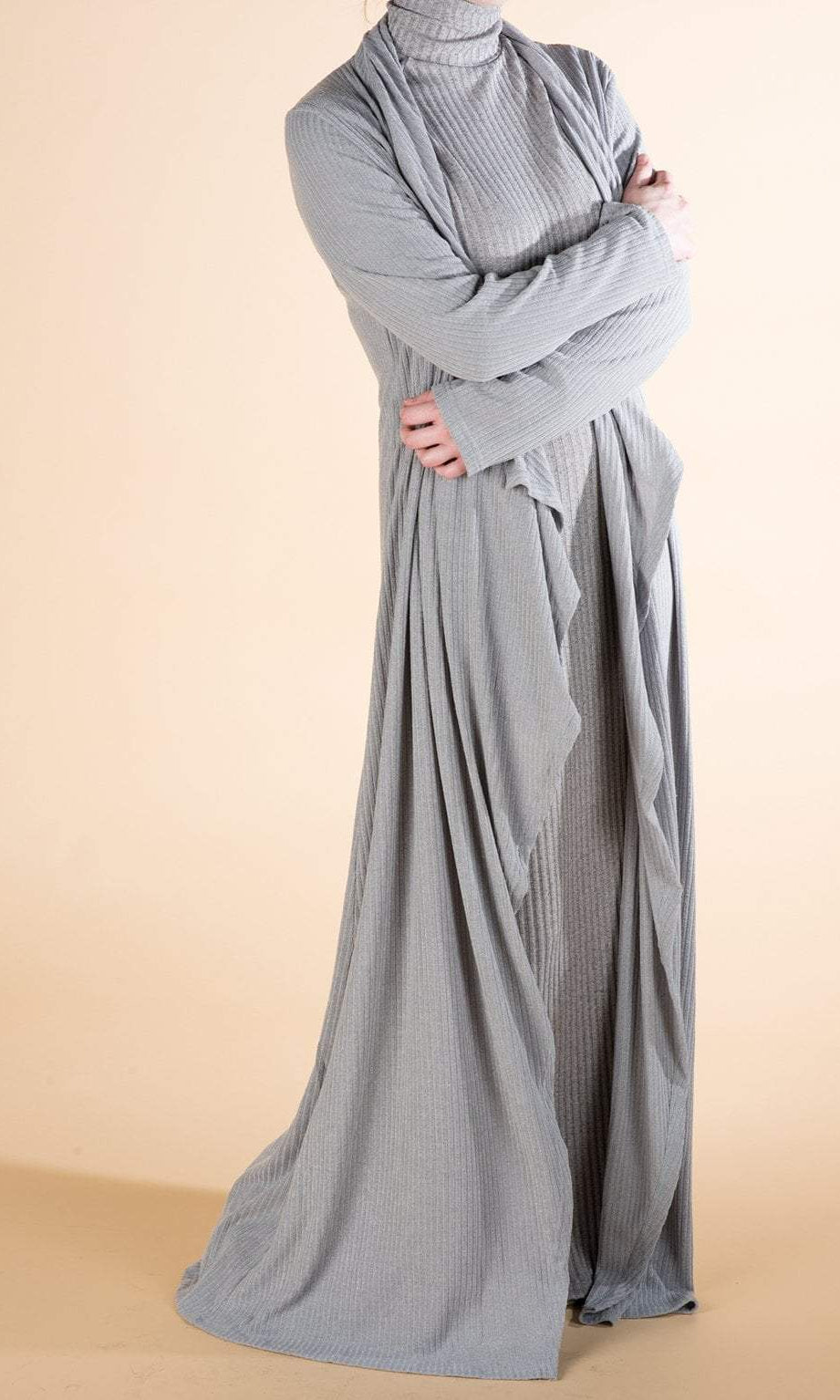 Gray Draped Ribbed Maxi Cardigan Kabayare