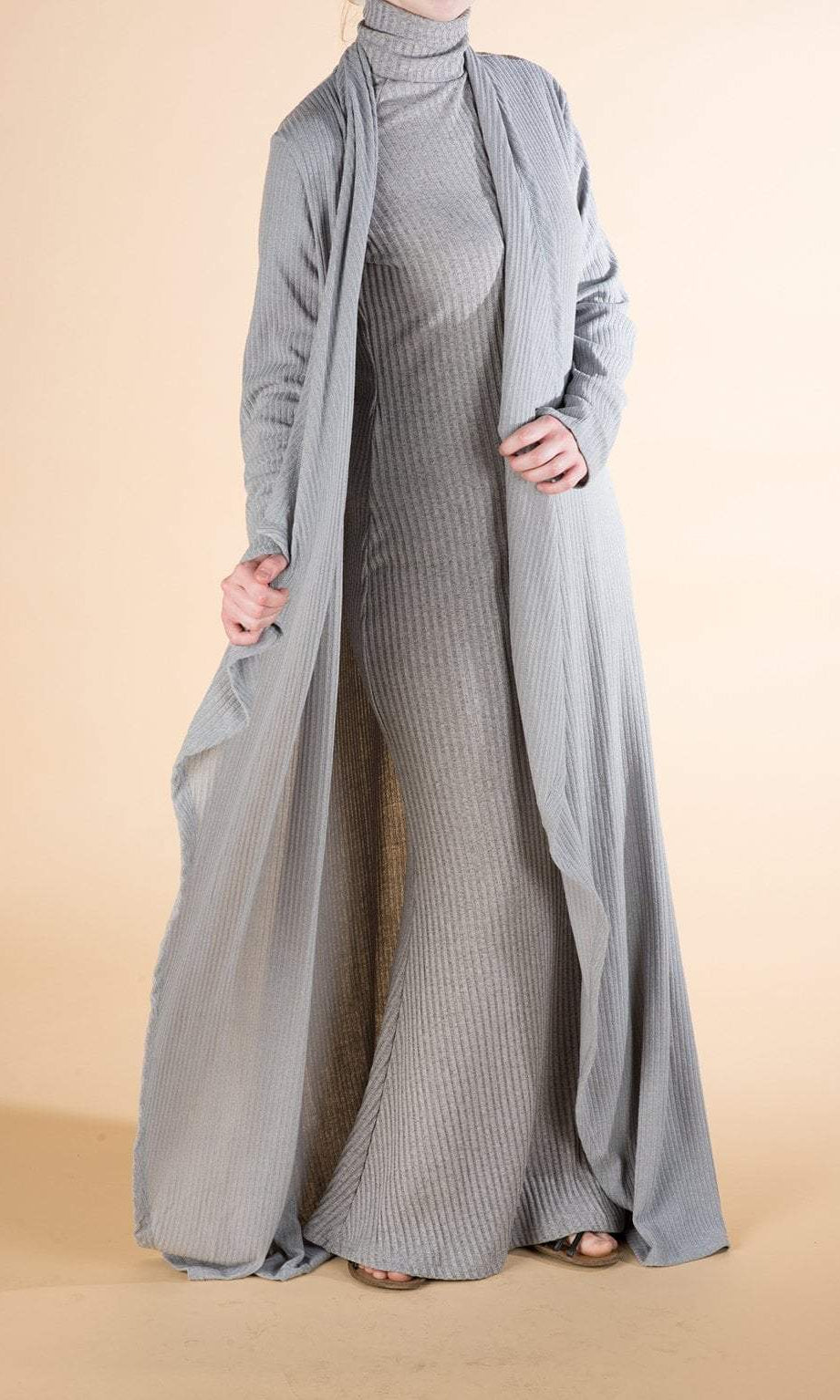 Gray Draped Ribbed Maxi Cardigan - Kabayare Fashion (5319156367509)