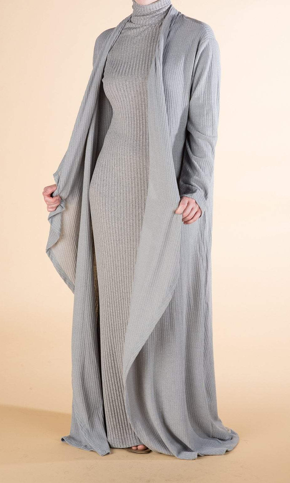 Gray Draped Ribbed Maxi Cardigan Kabayare