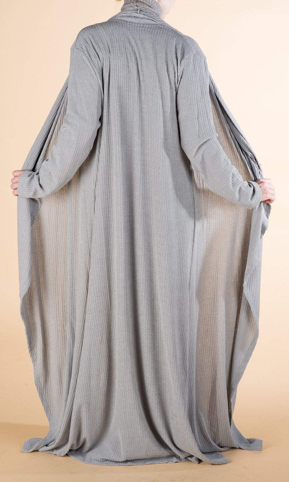 Gray Draped Ribbed Maxi Cardigan Kabayare