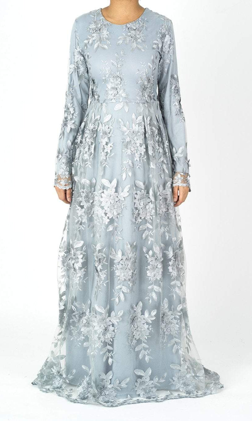 Gray Princess rosettes Modest gown Kabayare