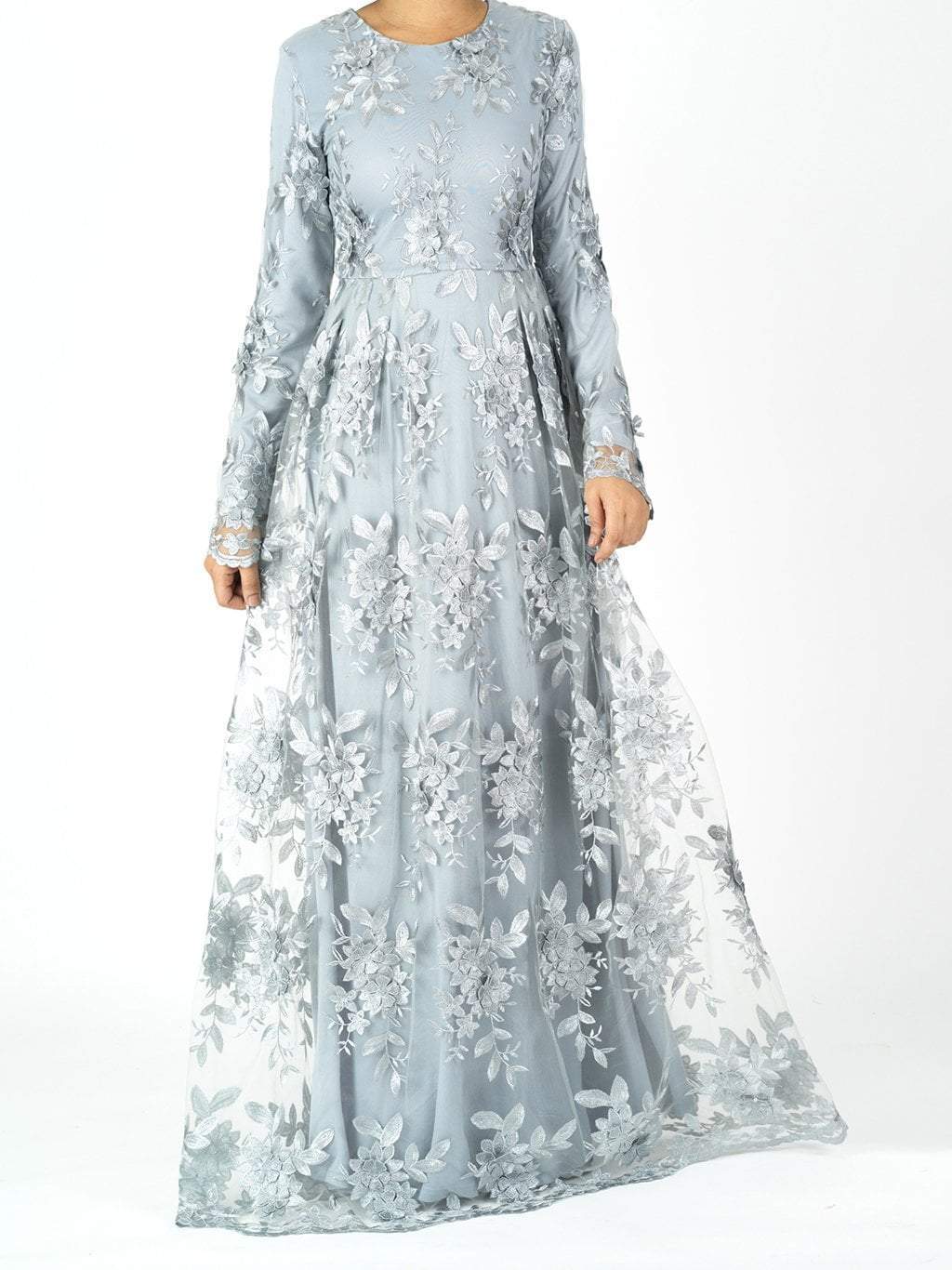 Gray Princess rosettes Modest gown Kabayare