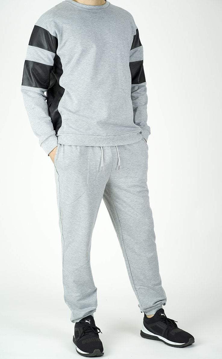 Gray Pullover Leather detail Sweater Set - Men Kabayare