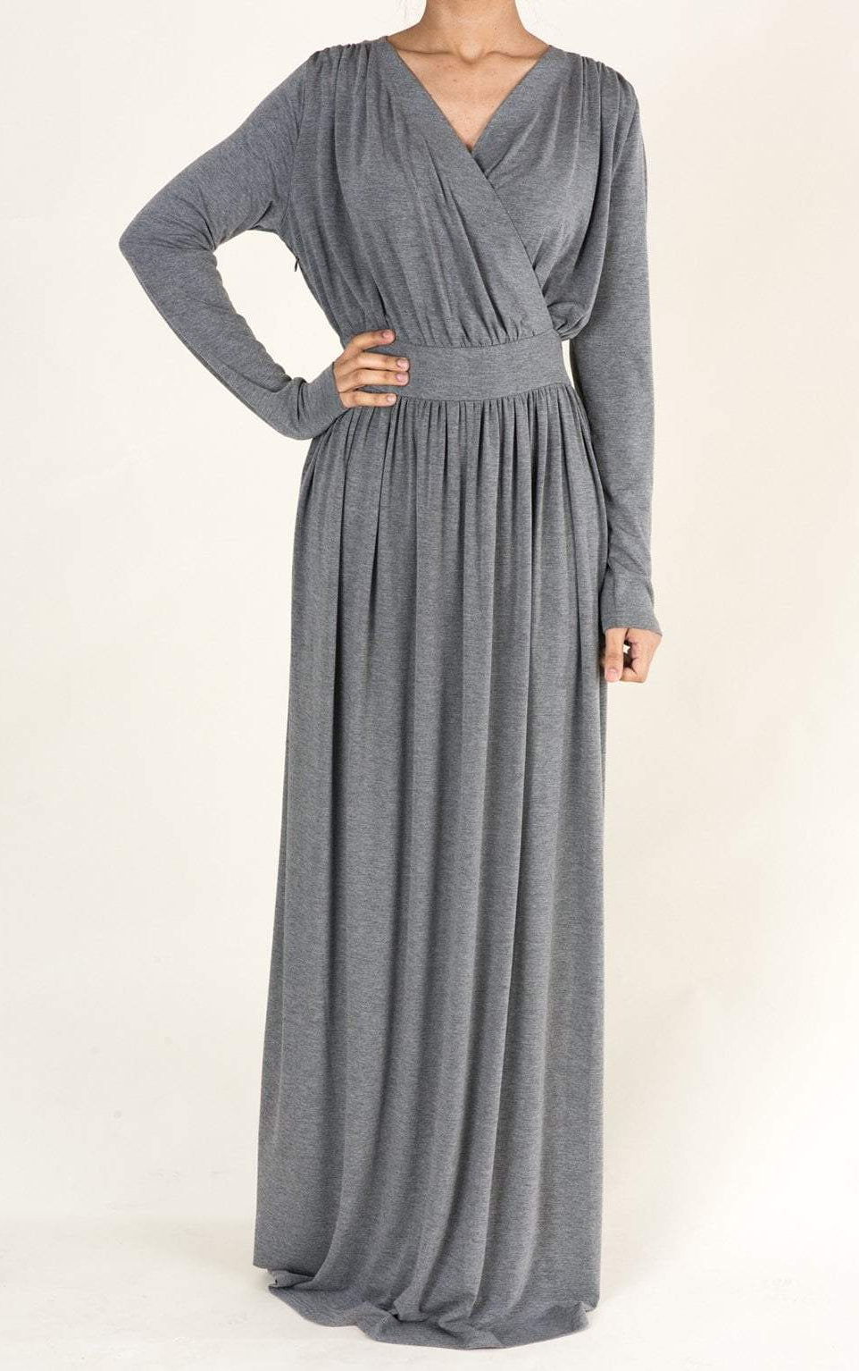 Gray V-Neck Jersey Maxi Dress Kabayare