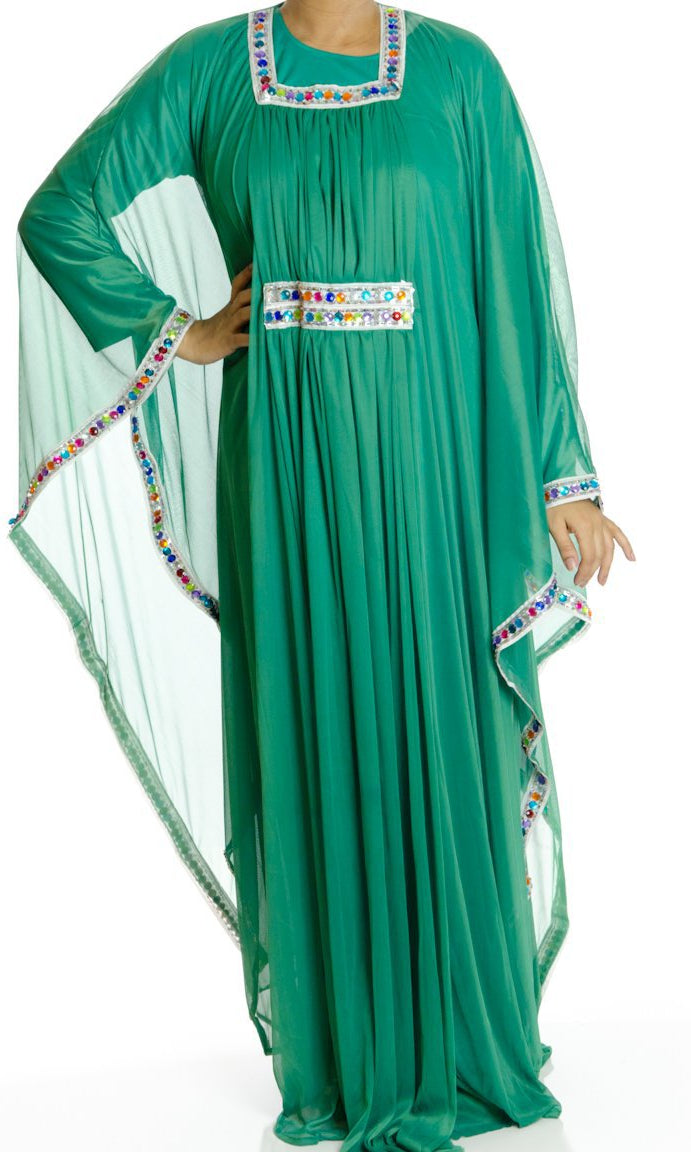 Green 2-Piece Bedazzle Kaftan Dress Kabayare