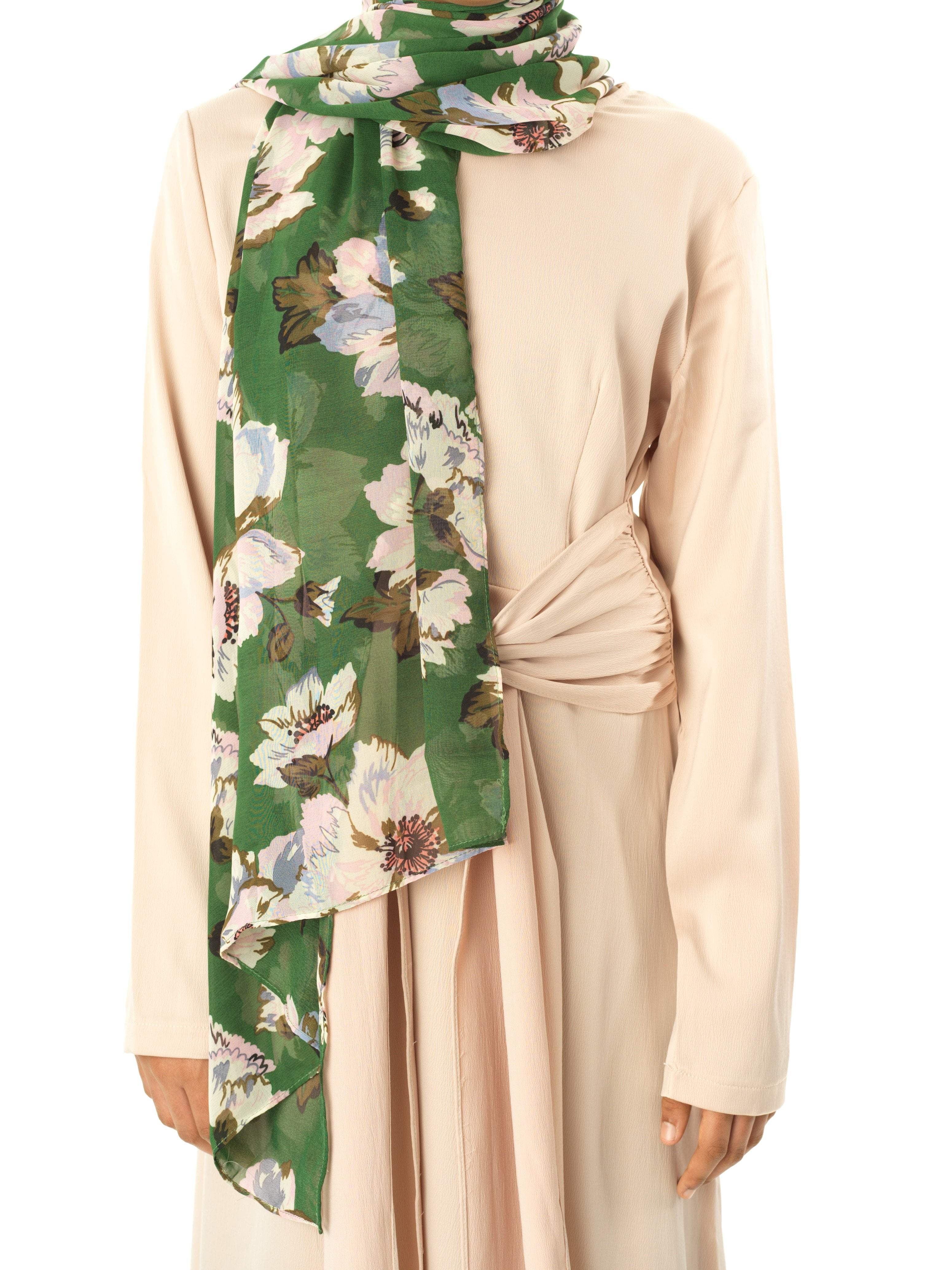 Green floral Digital Chiffon Hijab Kabayare