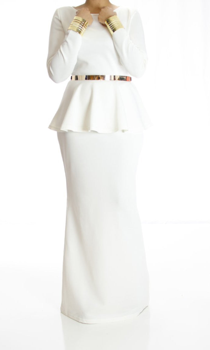 Ivory Long Sleeve Peplum Maxi Dress Kabayare