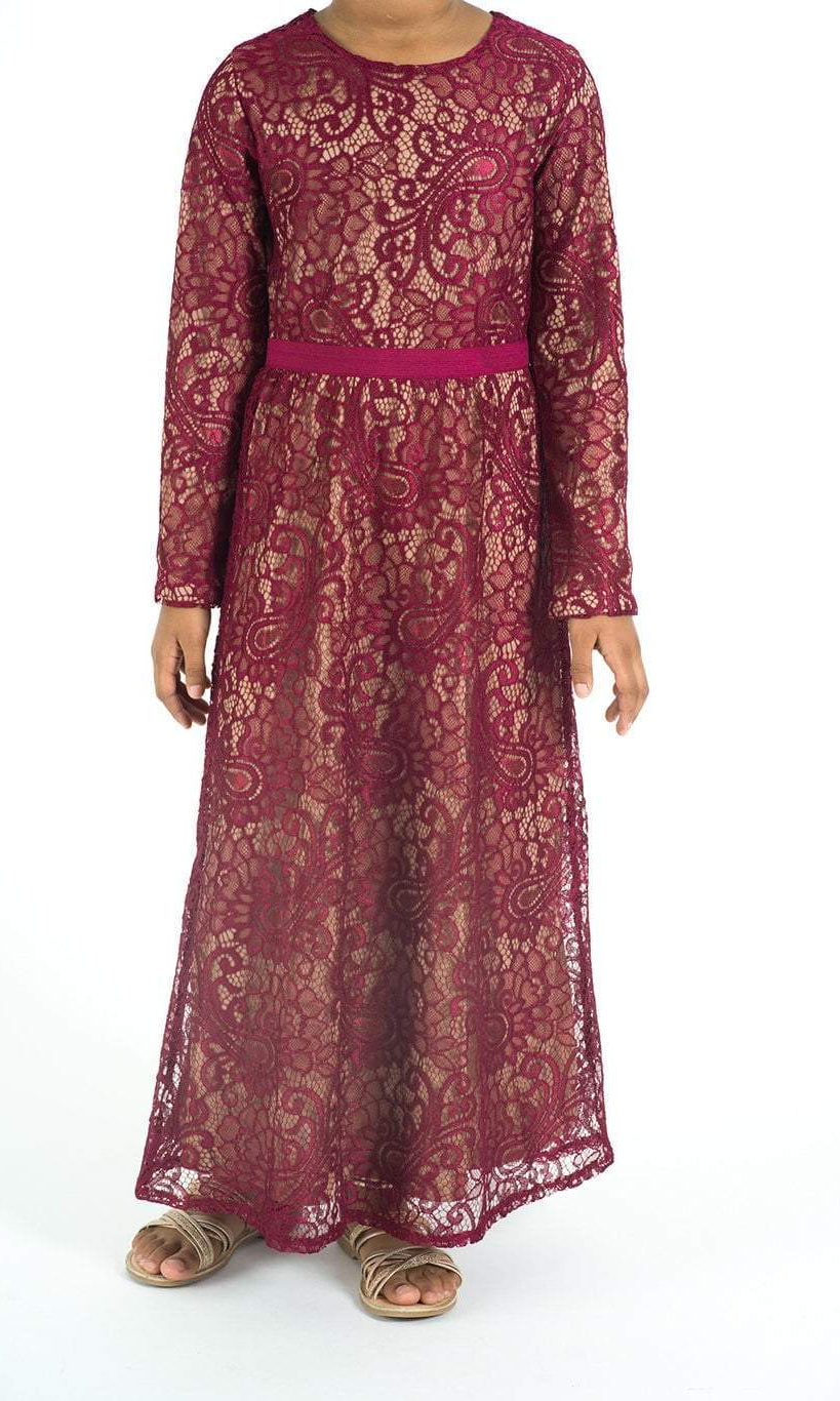 Kids Maroon Lace Floral Fit and Flare Dress Kabayare