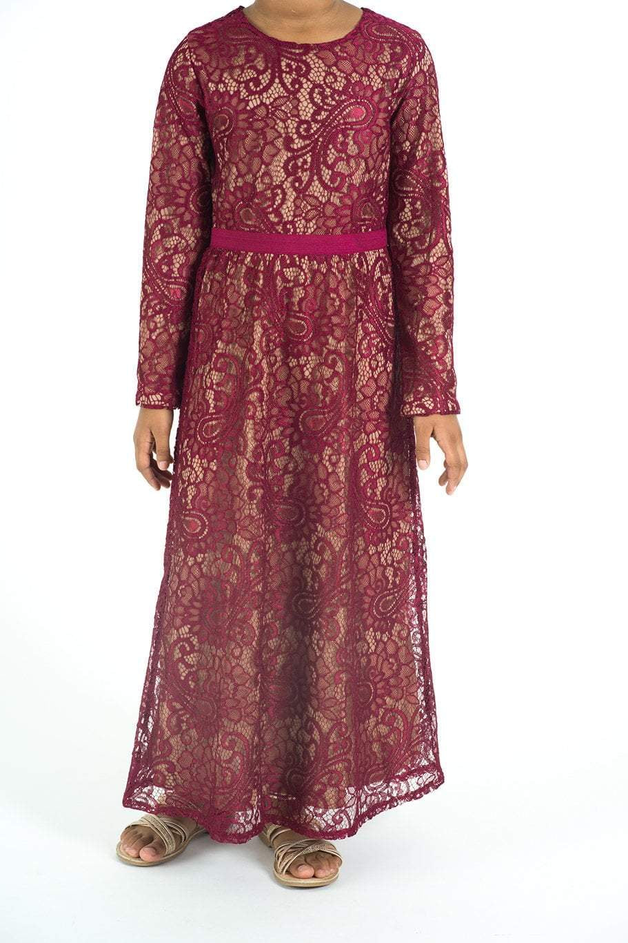Kids Maroon Lace Floral Fit and Flare Dress Kabayare