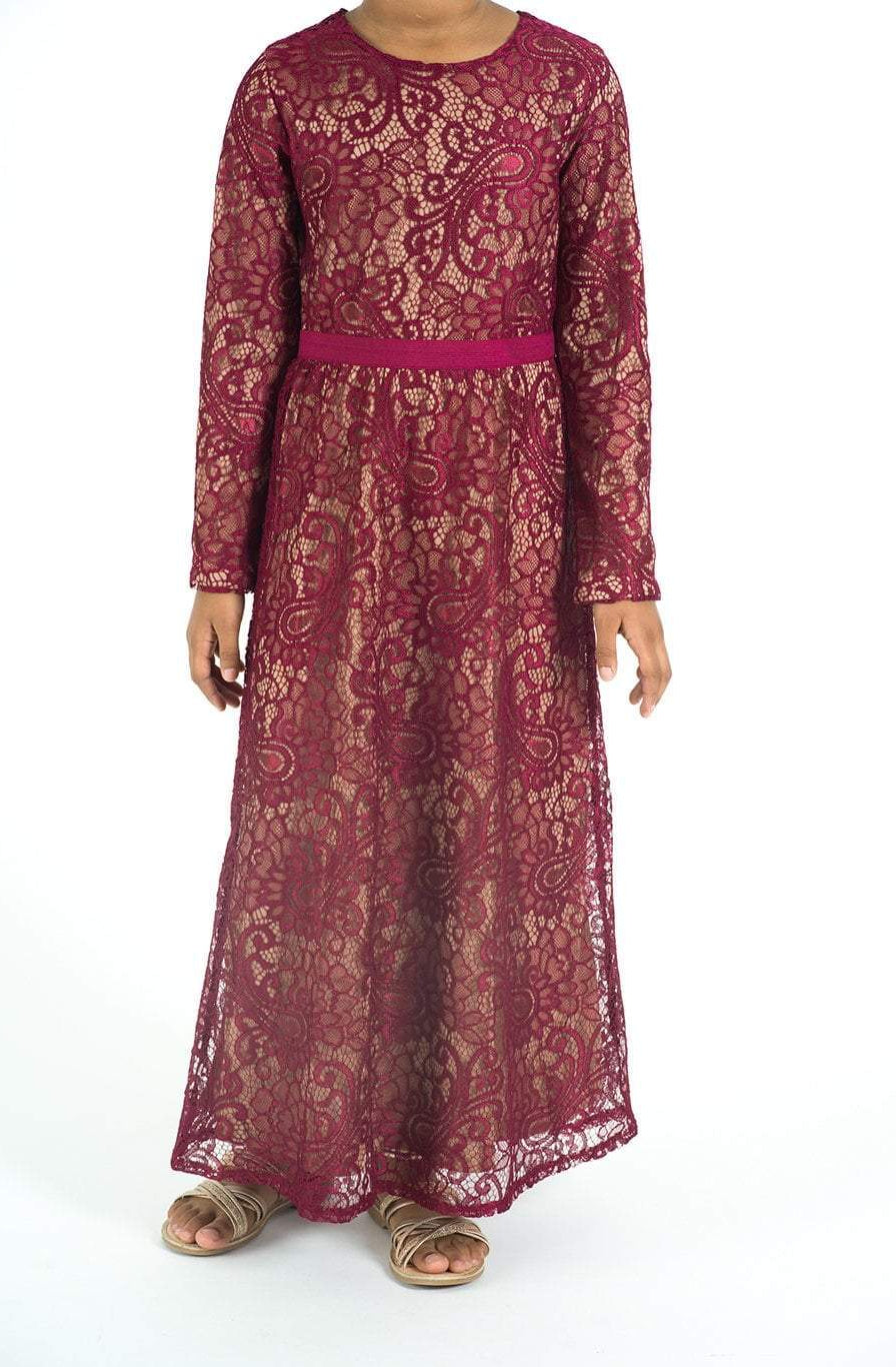 Kids Maroon Lace Floral Fit and Flare Dress Kabayare
