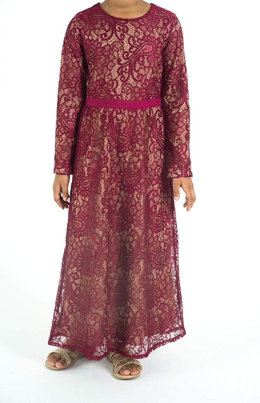Kids Maroon Lace Floral Fit and Flare Dress Kabayare