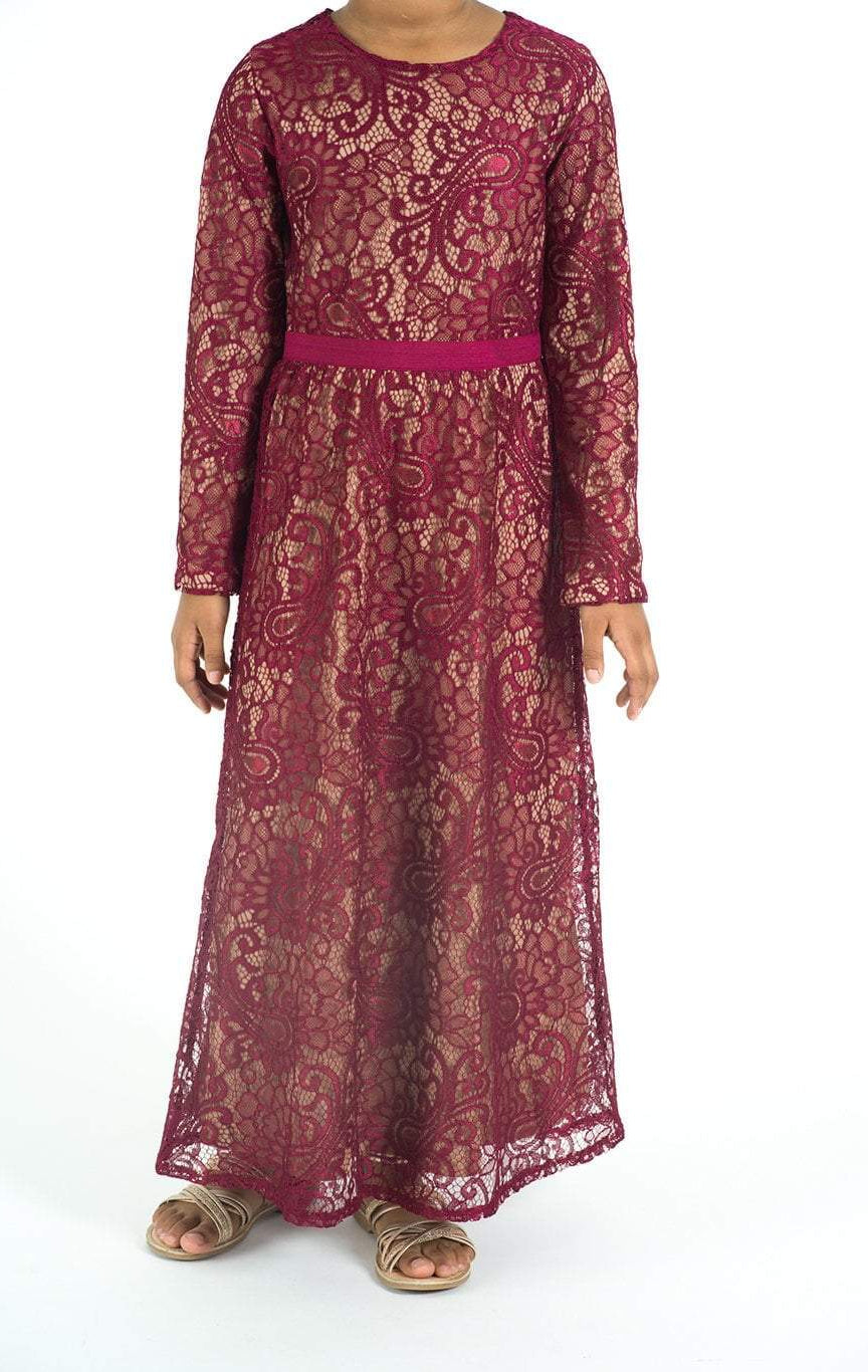 Kids Maroon Lace Floral Fit and Flare Dress Kabayare