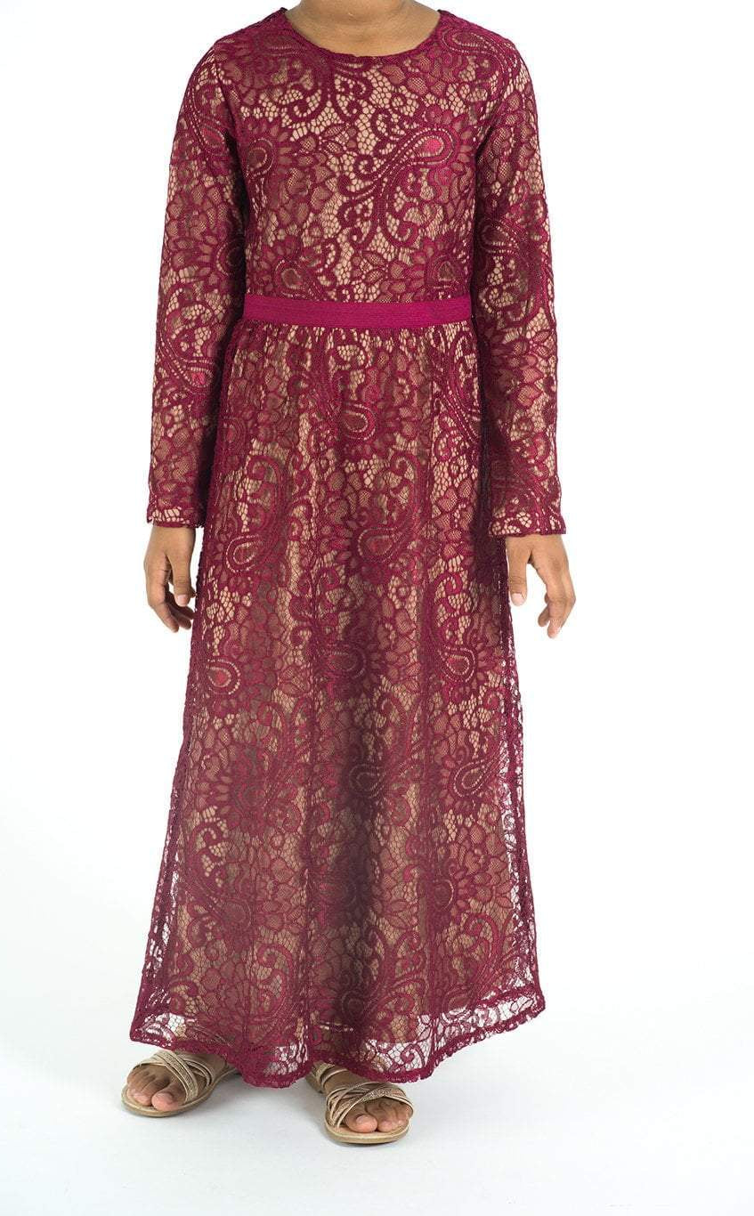 Kids Maroon Lace Floral Fit and Flare Dress Kabayare