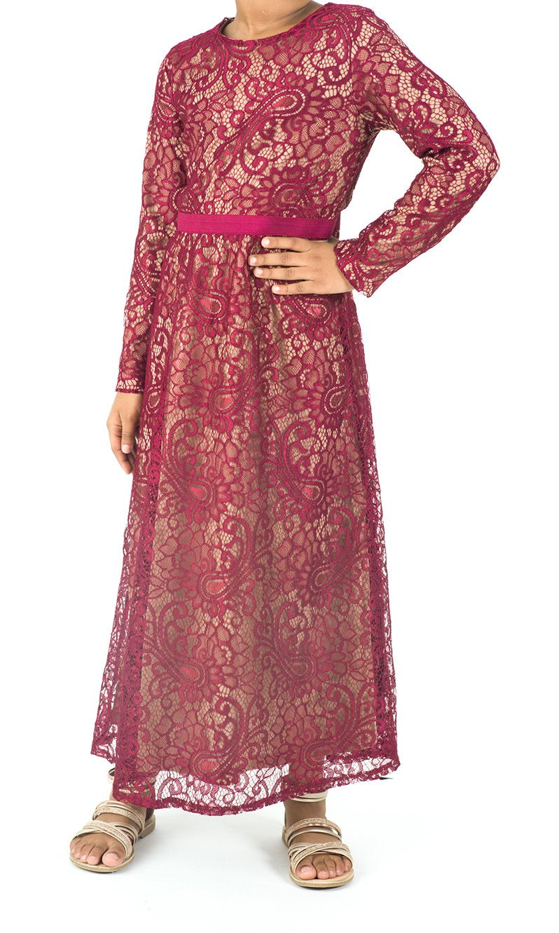 Kids Maroon Lace Floral Fit and Flare Dress Kabayare