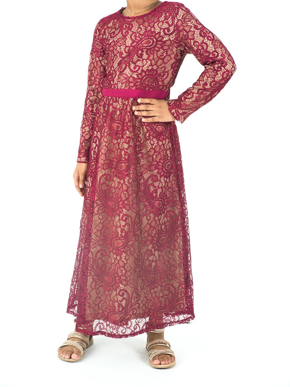Kids Maroon Lace Floral Fit and Flare Dress Kabayare