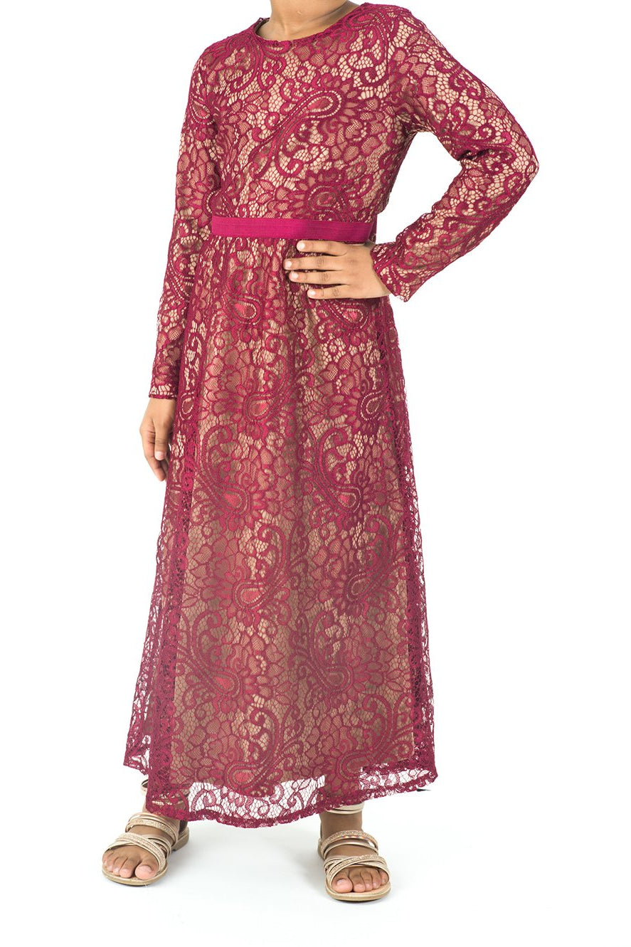Kids Maroon Lace Floral Fit and Flare Dress Kabayare