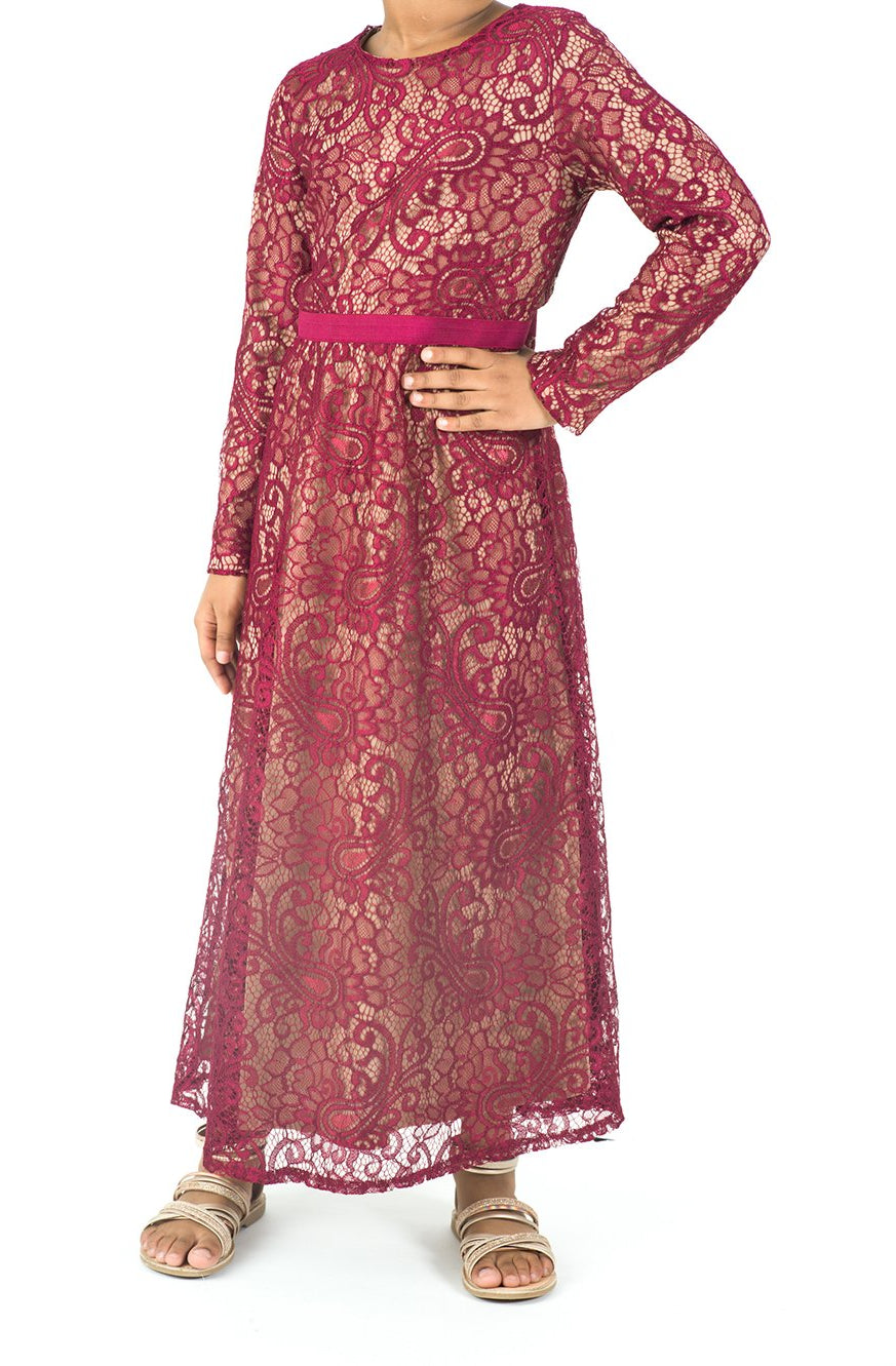 Kids Maroon Lace Floral Fit and Flare Dress Kabayare