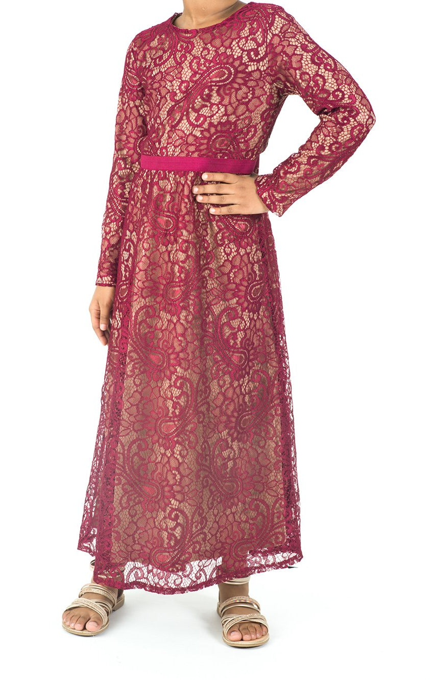 Kids Maroon Lace Floral Fit and Flare Dress Kabayare