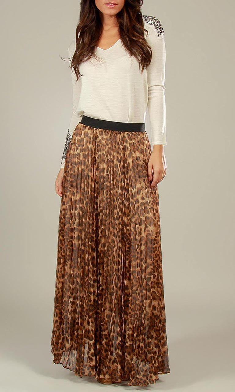 Leopard Print Pleated Maxi Skirt Kabayare